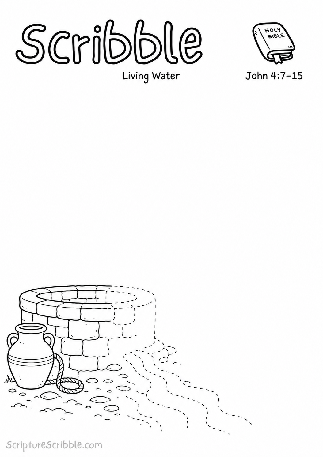 Black-and-white John 4:7–15 devotional drawing printable titled Living Water, with an incomplete stone well, water jar and unfinished stream scene to finish
