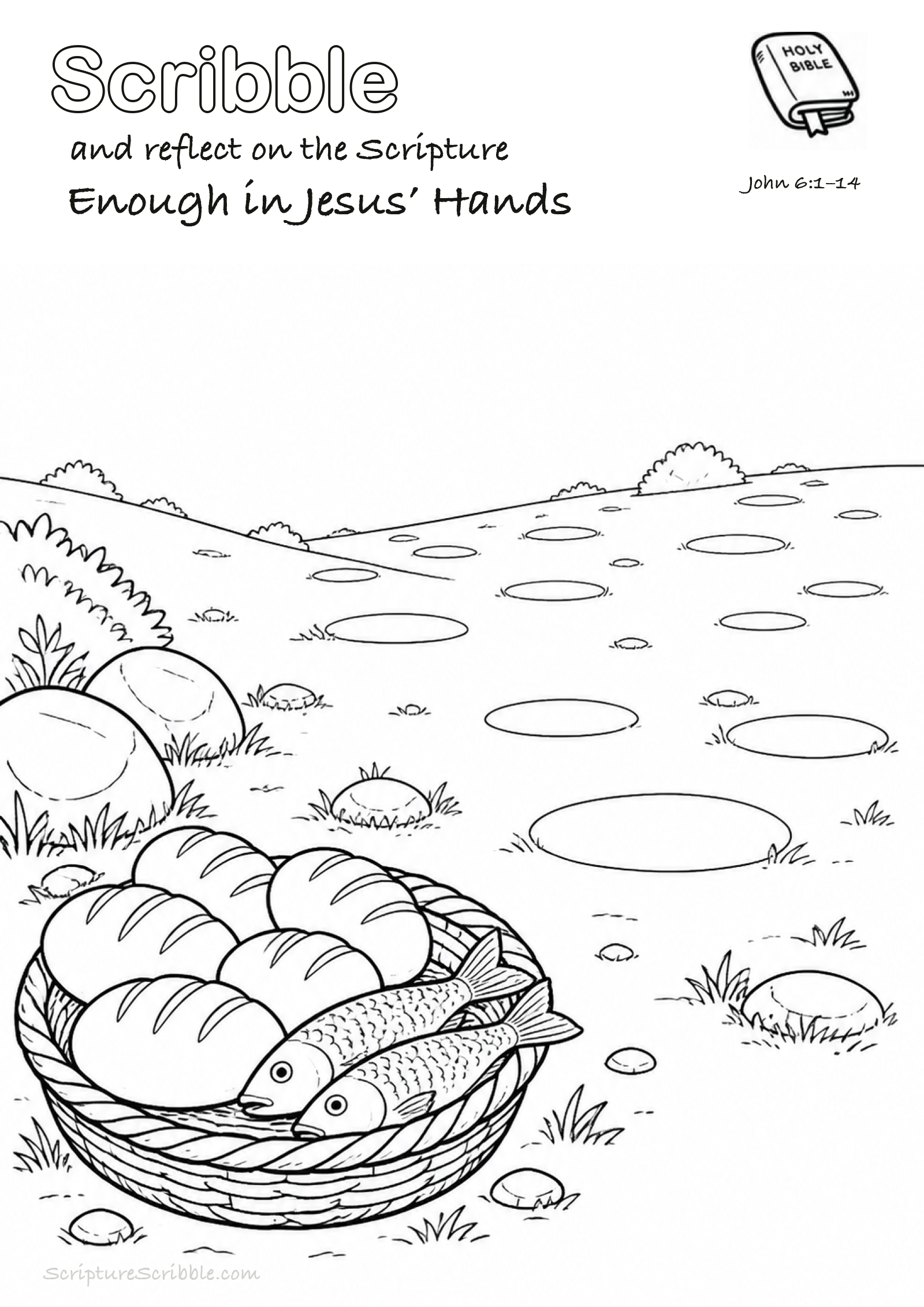 Black-and-white John 6:1–14 devotional drawing page titled Enough in Jesus’ Hands, with a branded header, Bible reference and unfinished Bible scene.