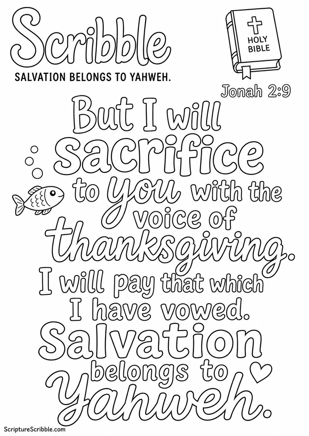 Black-and-white Jonah 2:9 Scripture typography colouring page with the verse in large, clear outlined lettering.