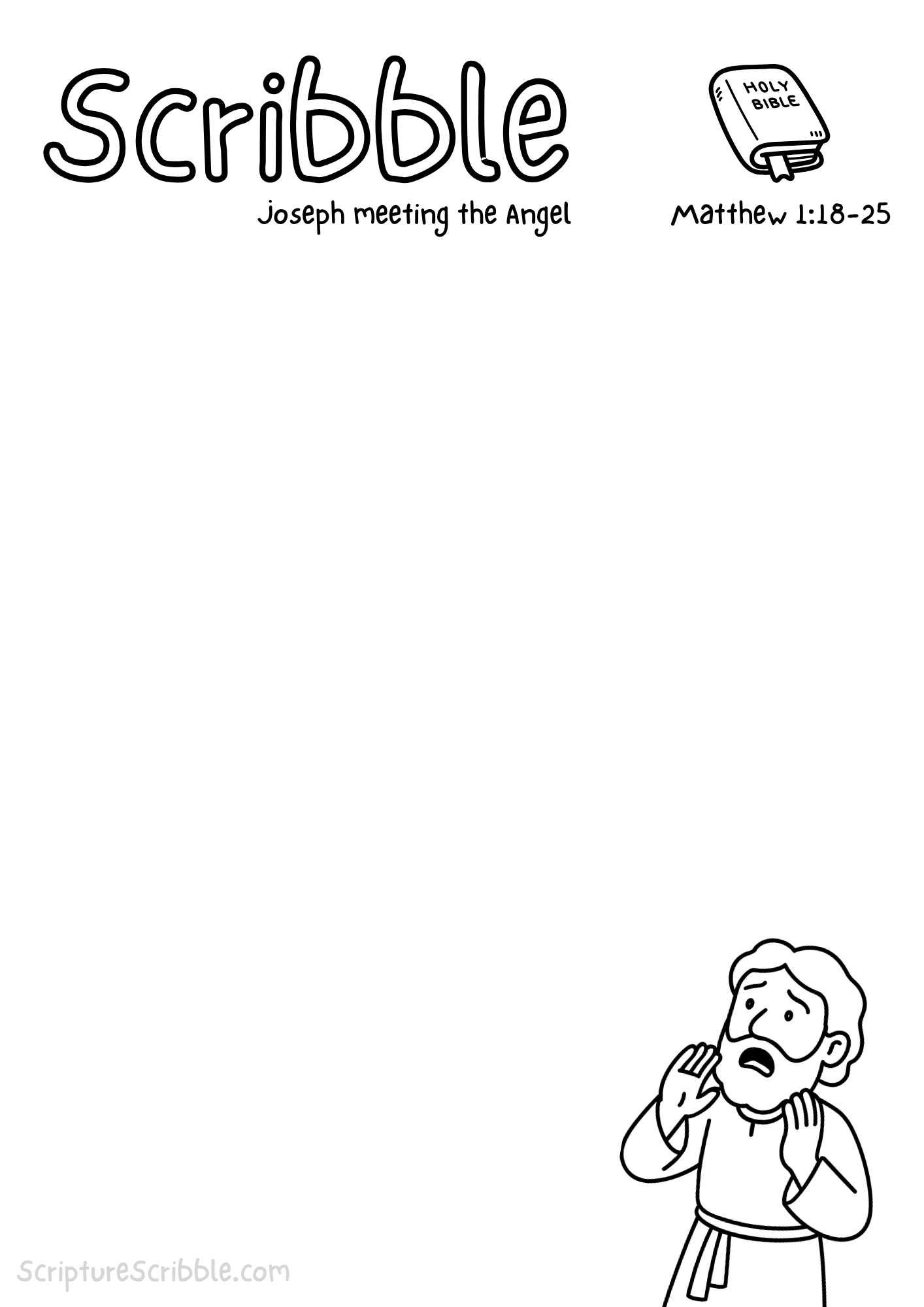 Printable reflection and drawing activity for Joseph Meeting the Angel Devotional Drawing Page (Matthew 1:18–25)