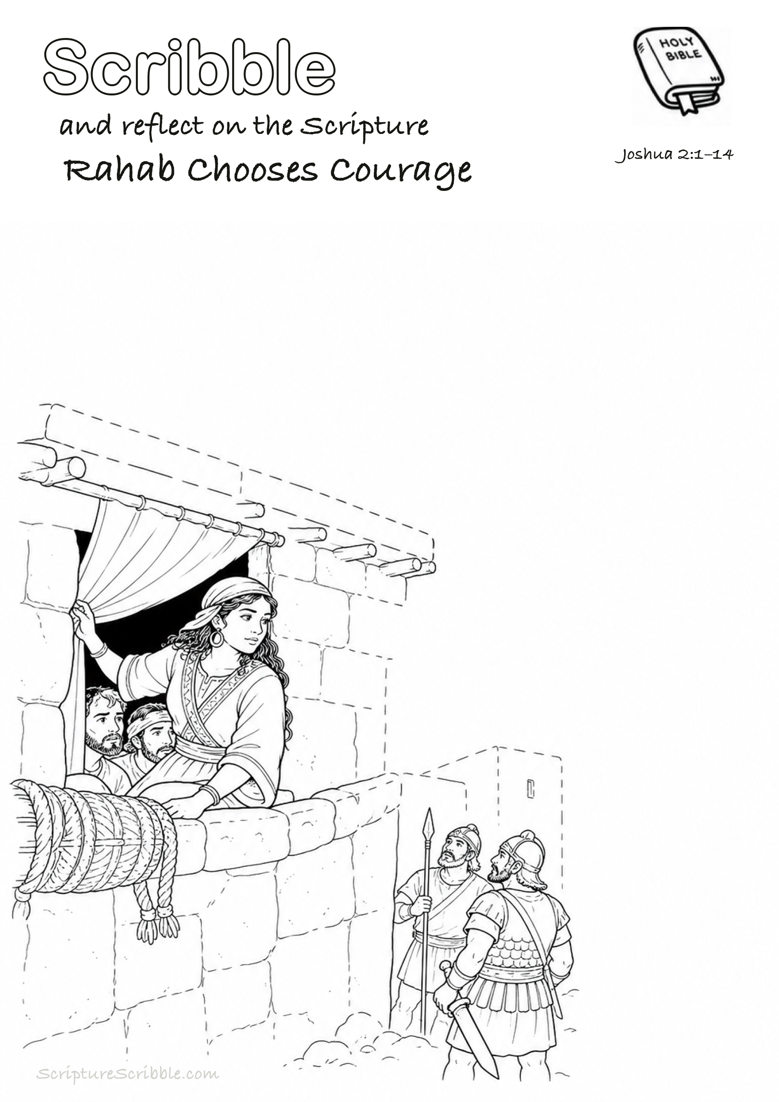 Preview of Joshua 2:1–14 Rahab Chooses Courage Devotional Drawing Page Printable