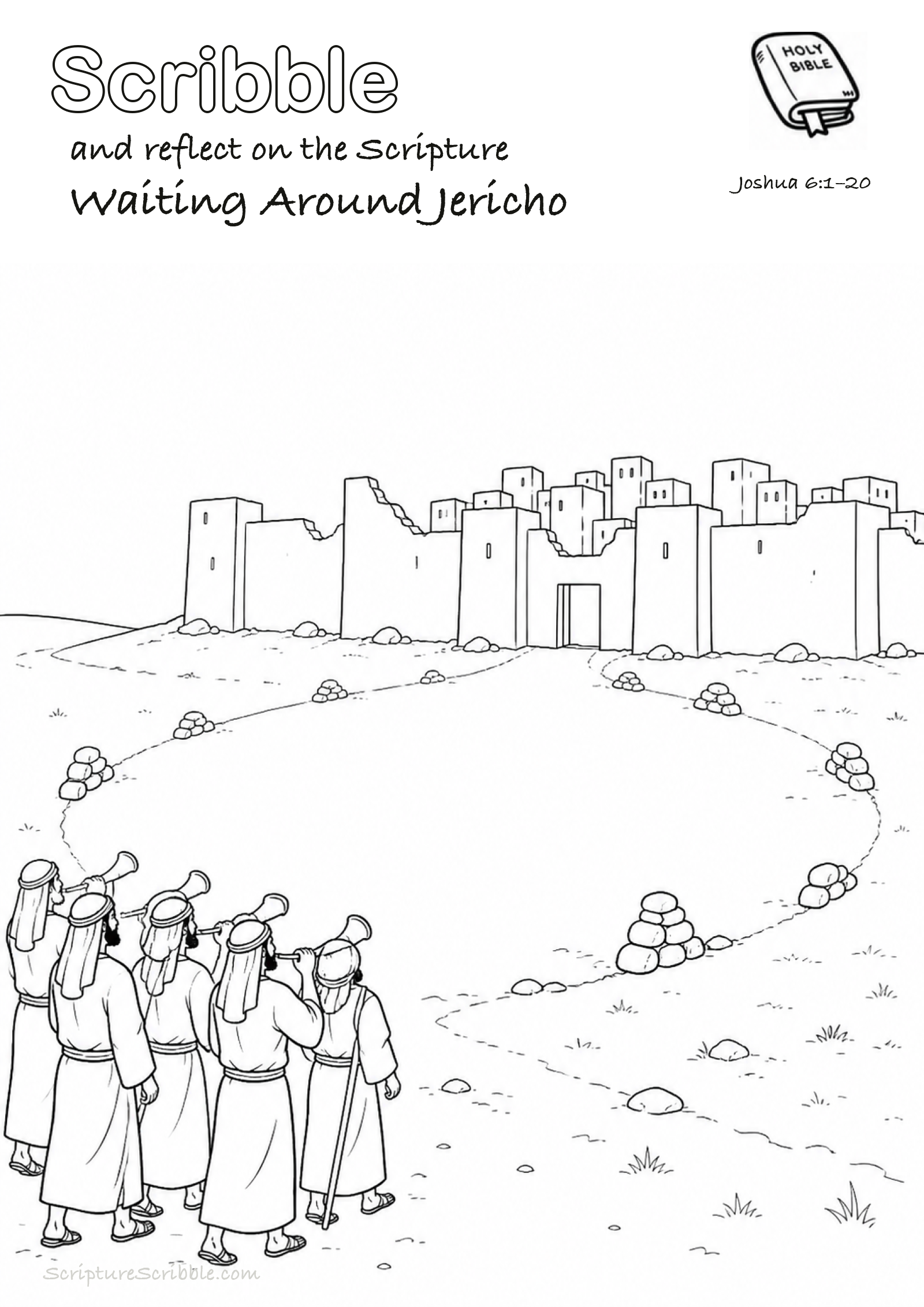 Black-and-white Joshua 6:1–20 devotional drawing page titled Waiting Around Jericho, with a branded header, Bible reference and unfinished Bible scene.