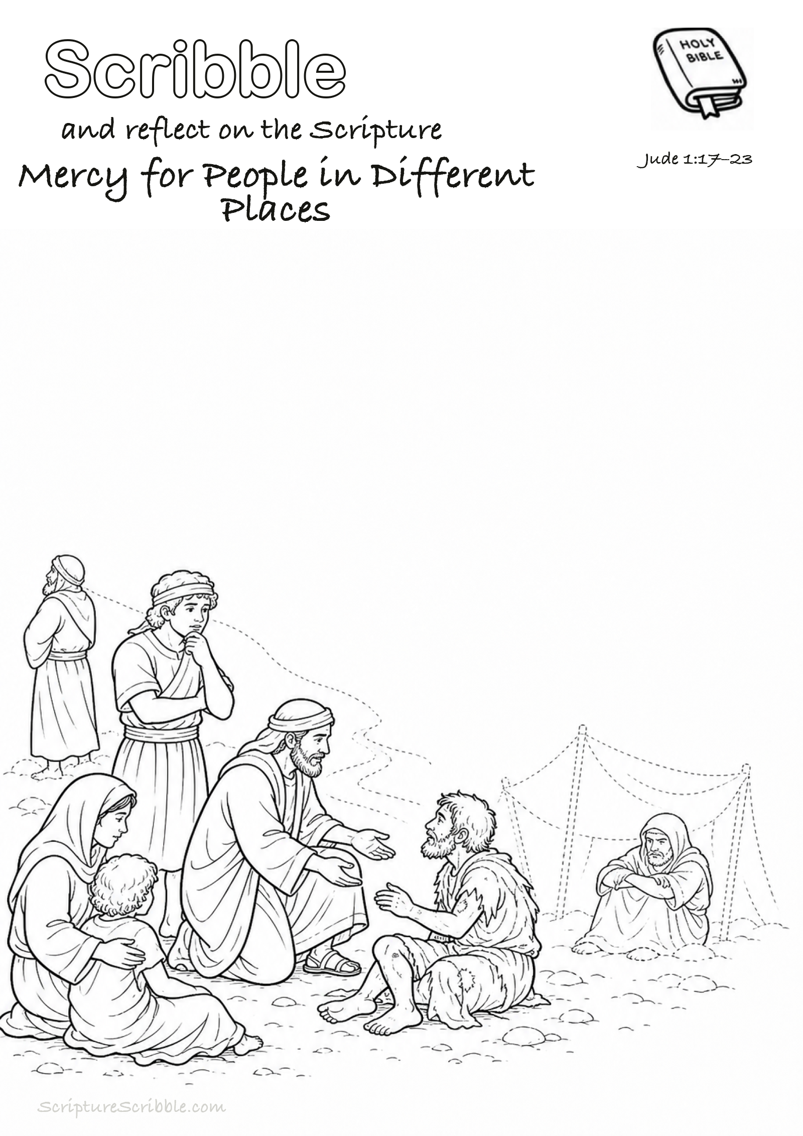 Black-and-white Jude 1:17–23 devotional drawing page titled Mercy for People in Different Places, with a branded header, Bible reference and unfinished Bible scene.