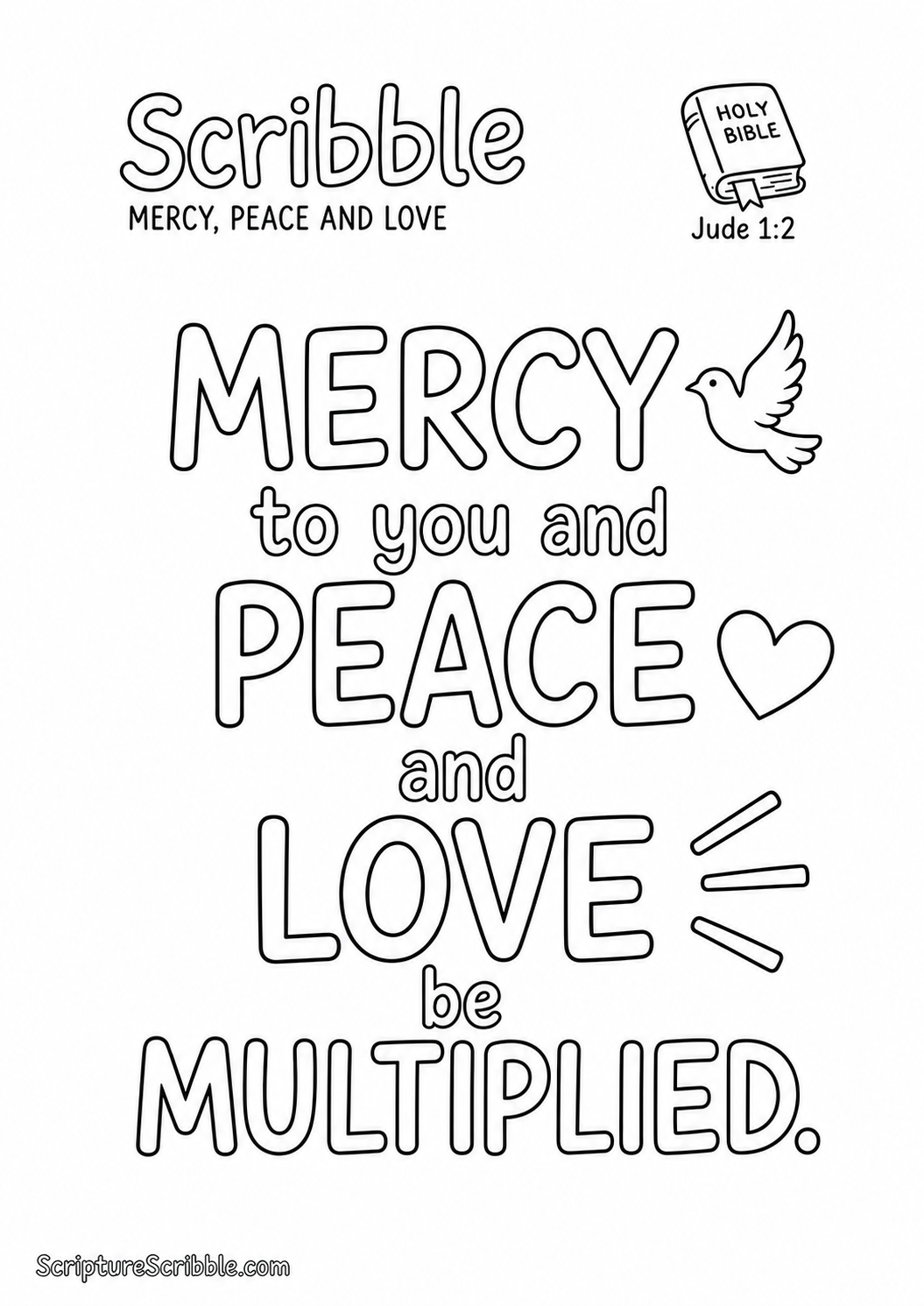Black-and-white Jude 1:2 Scripture typography colouring page featuring the full verse in large, clear outlined lettering.