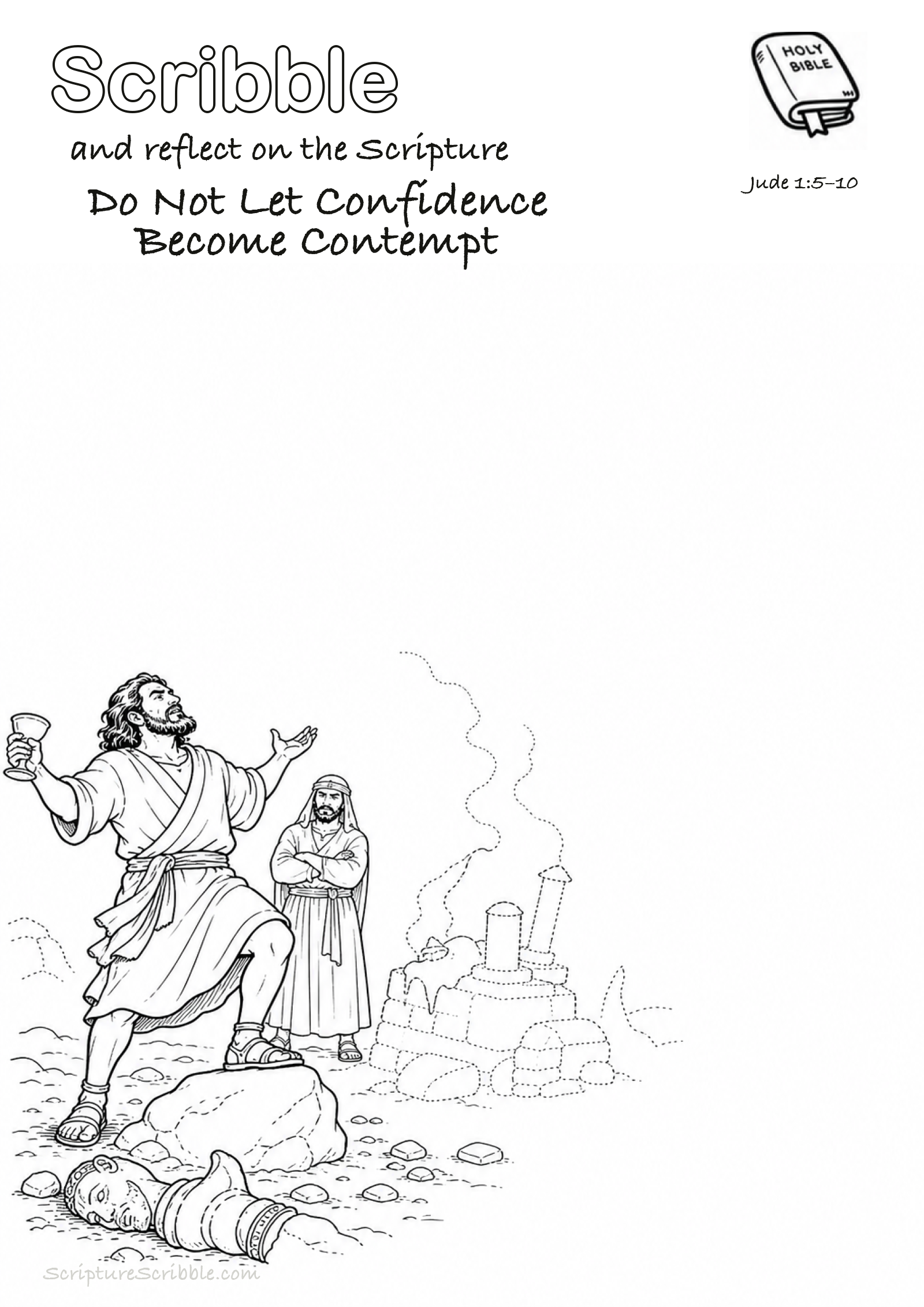 Black-and-white Jude 1:5–10 devotional drawing page titled Do Not Let Confidence Become Contempt, with a branded header, Bible reference and unfinished Bible scene.