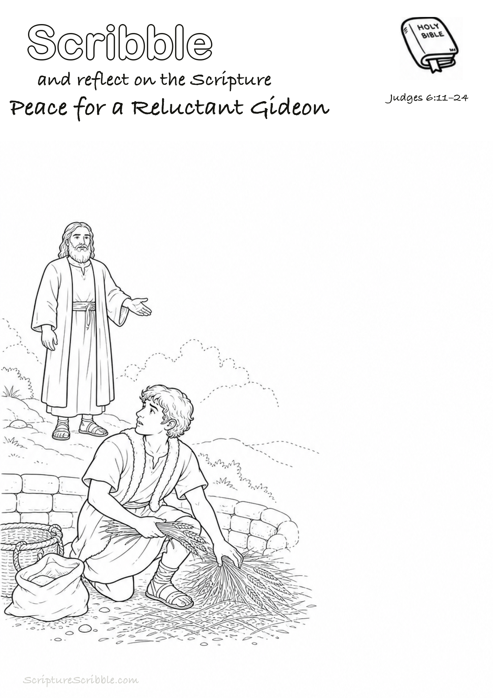 Preview of Judges 6:11–24 Peace for a Reluctant Gideon Devotional Drawing Page Printable