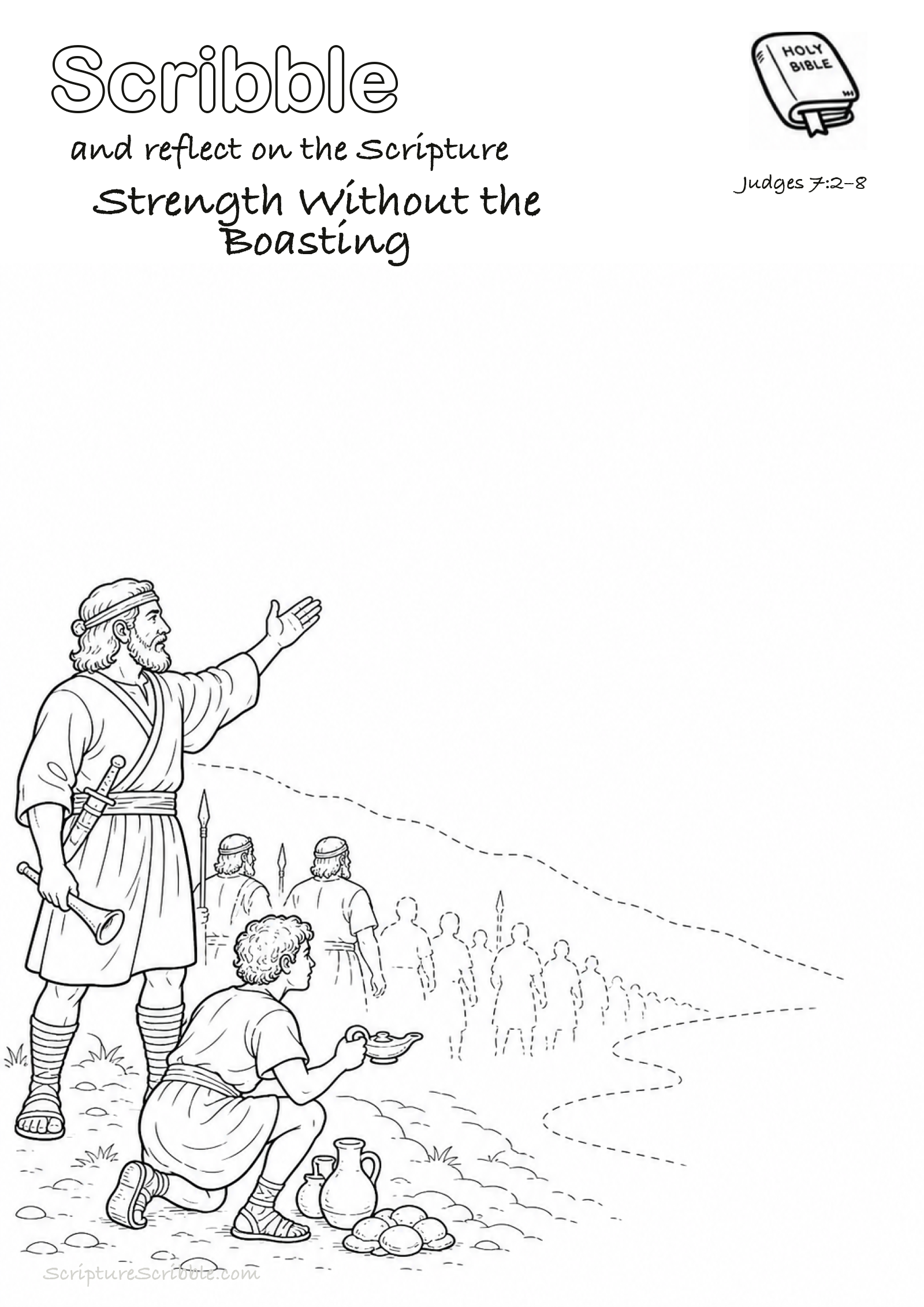 Preview of Judges 7:2–8 Strength Without the Boasting Devotional Drawing Page Printable