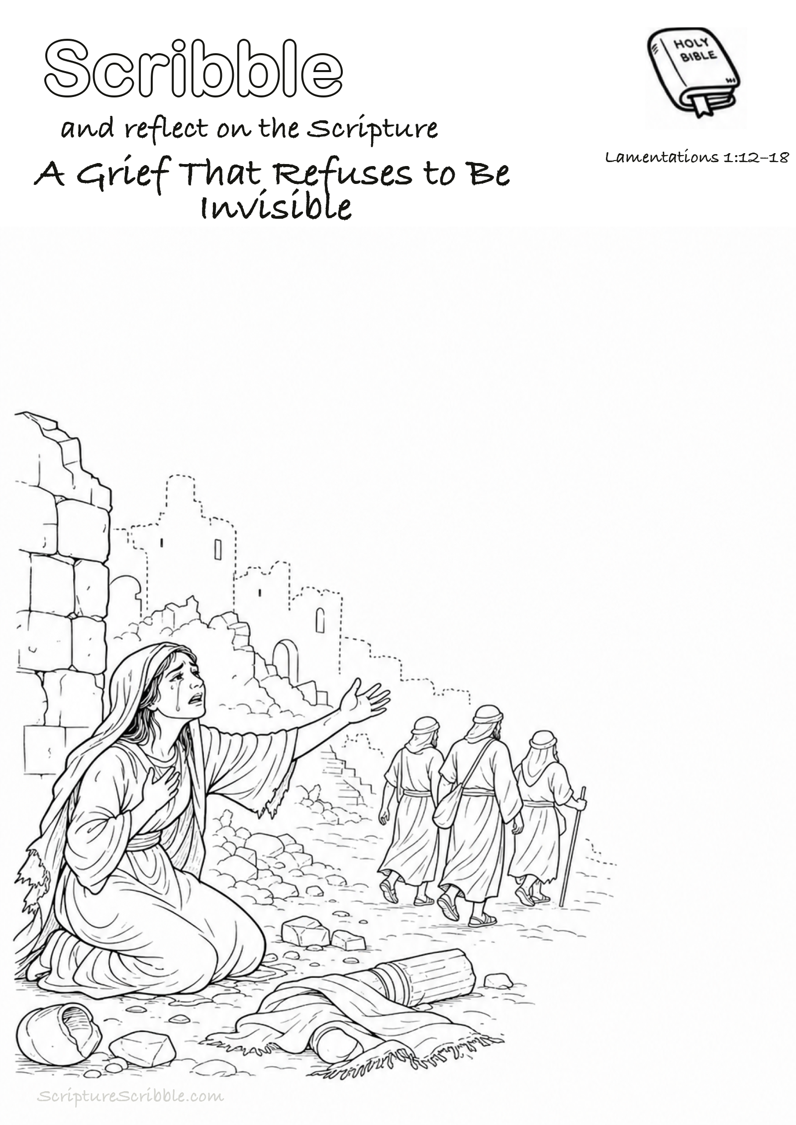 Preview of Lamentations 1:12–18 A Grief That Refuses to Be Invisible Devotional Drawing Page Printable