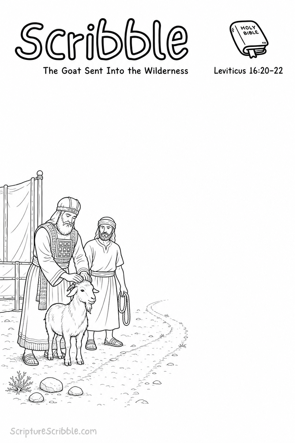 Black-and-white Leviticus 16:20–22 Scribble printable showing Aaron resting his hands on a healthy goat beside an attendant and wilderness path.