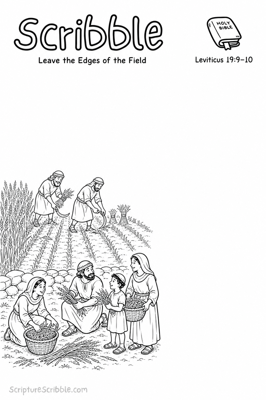 Black-and-white Leviticus 19:9–10 Scribble printable showing harvesters leaving field edges while neighbours gather grain into baskets.