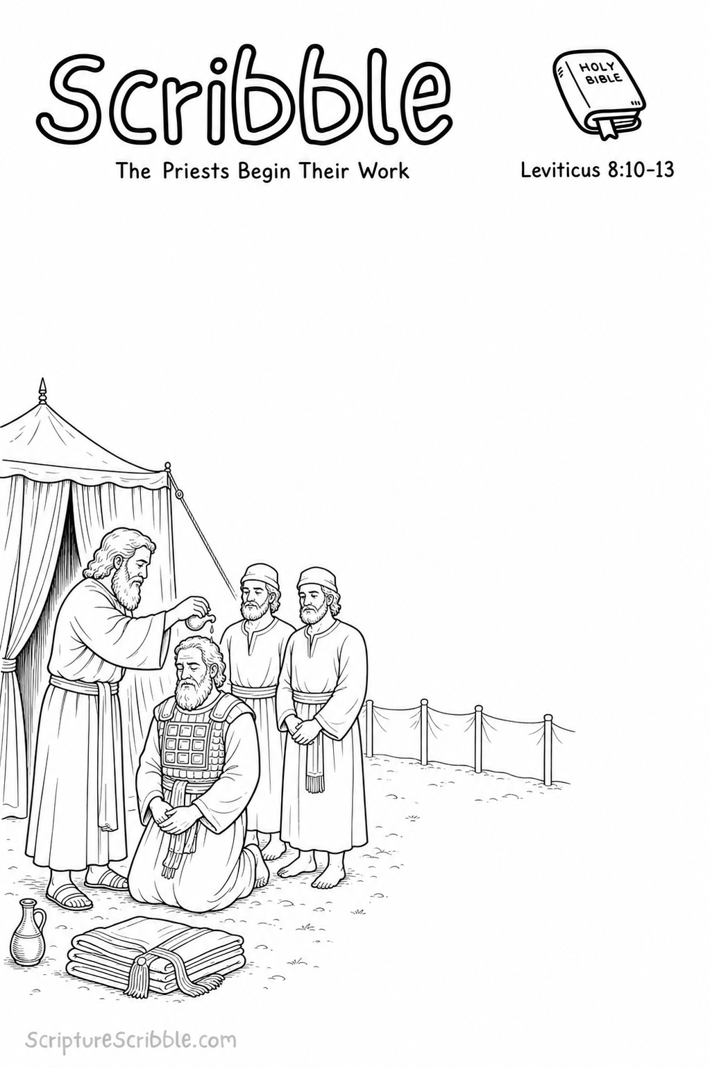 Black-and-white Leviticus 8:10–13 Scribble printable showing Moses anointing Aaron while Aaron’s sons wait in plain priestly tunics.