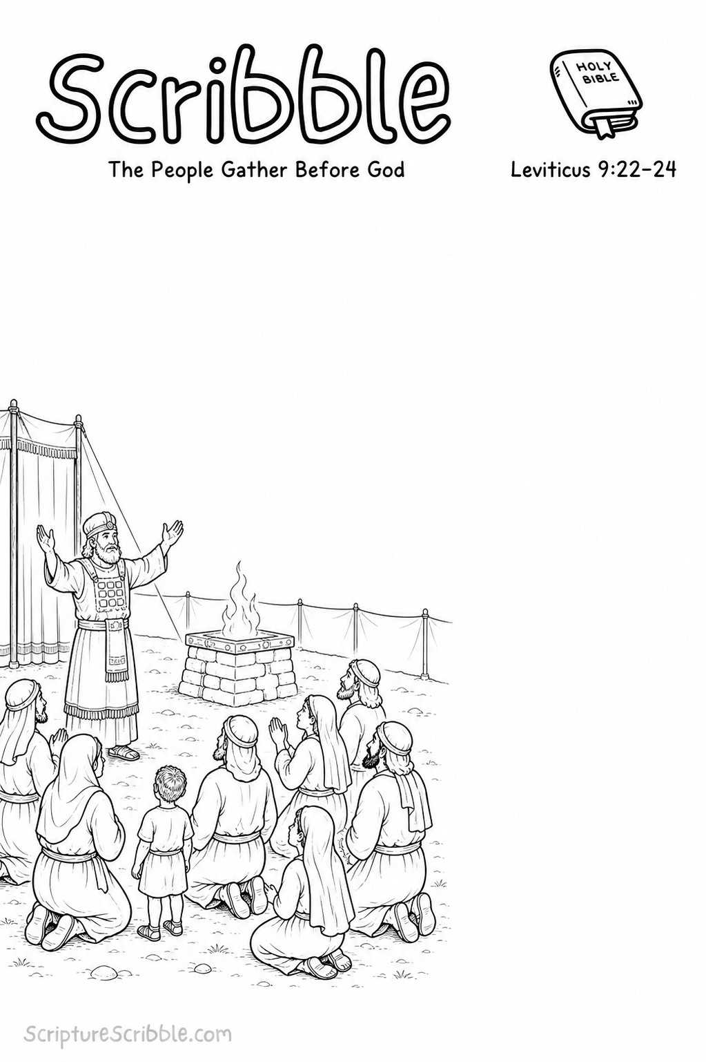 Black-and-white Leviticus 9:22–24 Scribble printable showing Aaron blessing a gathered community beside a simple flaming altar.