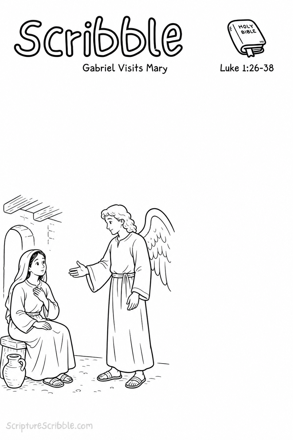 Black-and-white Luke 1:26–38 Christmas Scribble printable showing Mary seated in a Nazareth home while Gabriel greets her with an open hand.