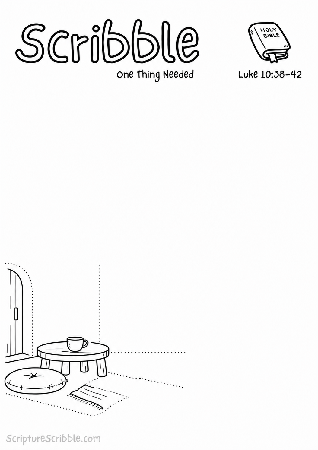 Black-and-white Luke 10:38–42 devotional drawing printable titled One Thing Needed, with an incomplete listening room with cushion and table scene to finish