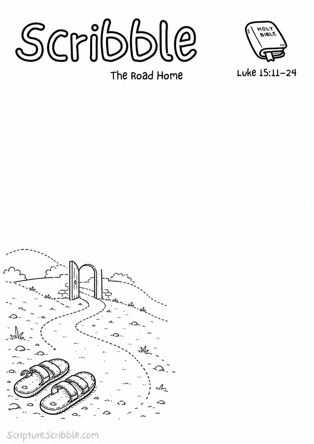 Black-and-white Luke 15:11–24 devotional drawing printable titled The Road Home, with an incomplete worn sandals, winding road and open doorway scene to finish