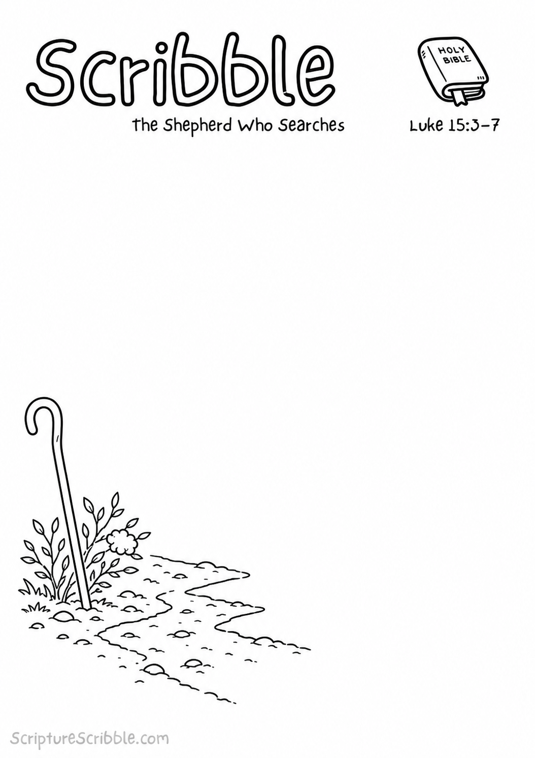 Black-and-white Luke 15:3–7 devotional drawing printable titled The Shepherd Who Searches, with an incomplete shepherd’s crook and searching path scene to finish