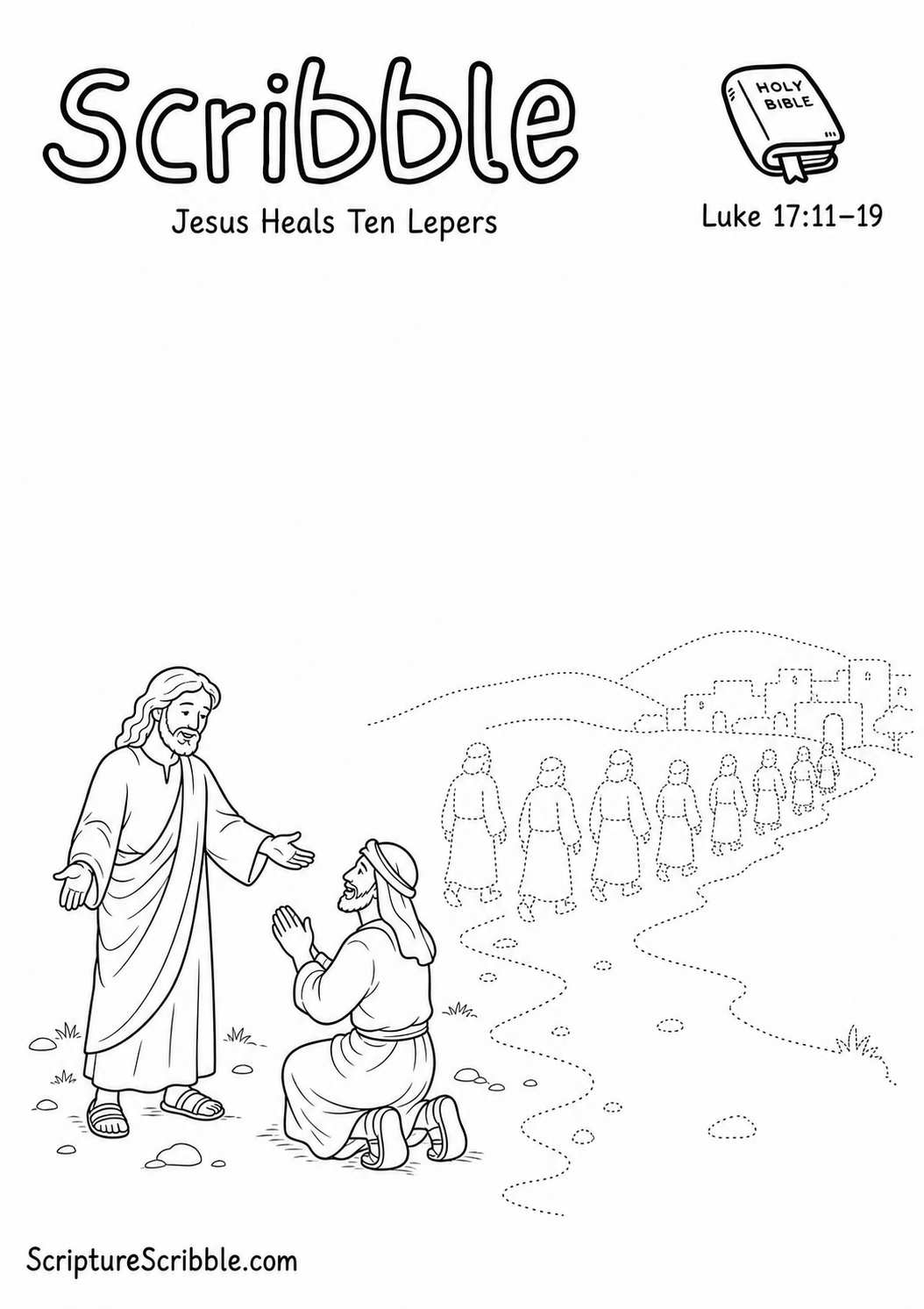Preview of Luke 17:11–19 Jesus Heals Ten Lepers Devotional Drawing Page Printable