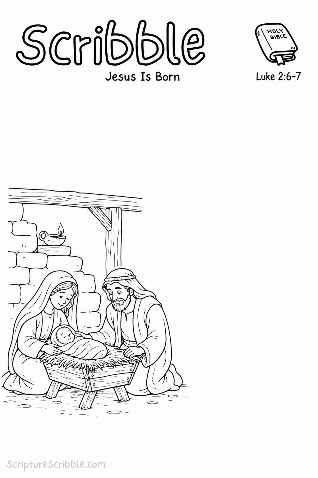 Black-and-white Luke 2:6–7 Christmas Scribble printable showing Mary and Joseph beside the infant Jesus in a manger within a modest unfinished shelter.