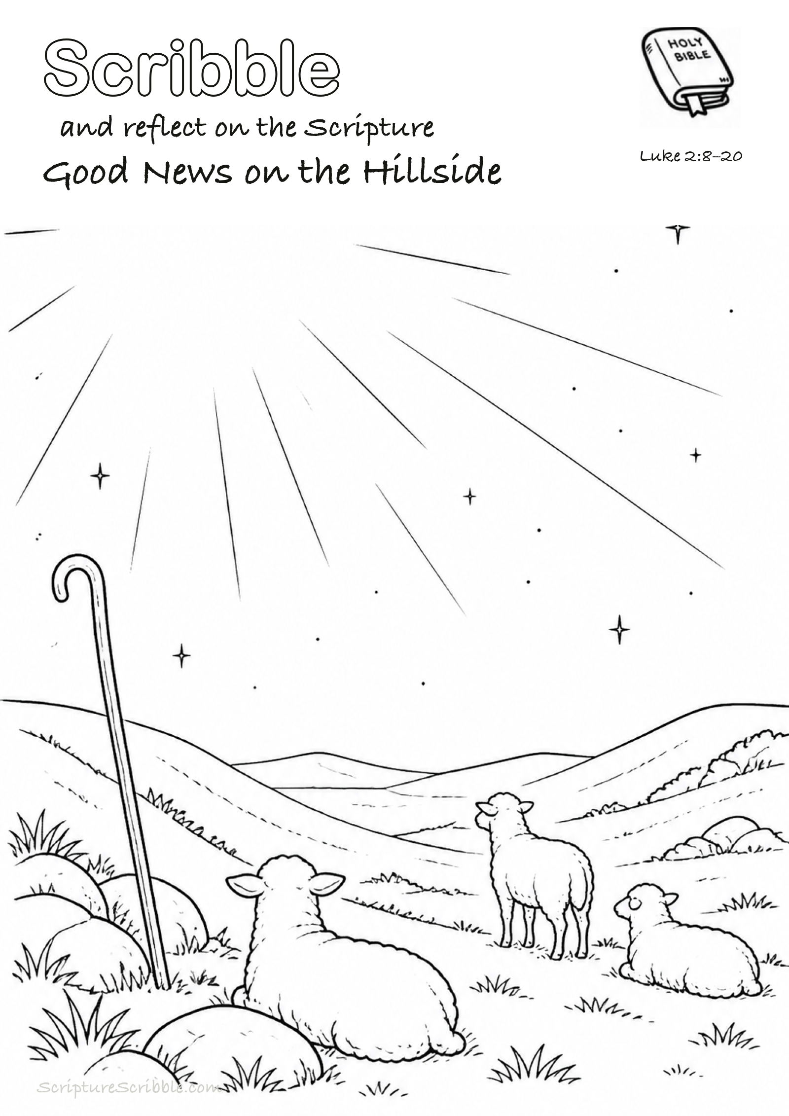 Black-and-white Luke 2:8–20 devotional drawing page titled Good News on the Hillside, with a branded header, Bible reference and unfinished Bible scene.