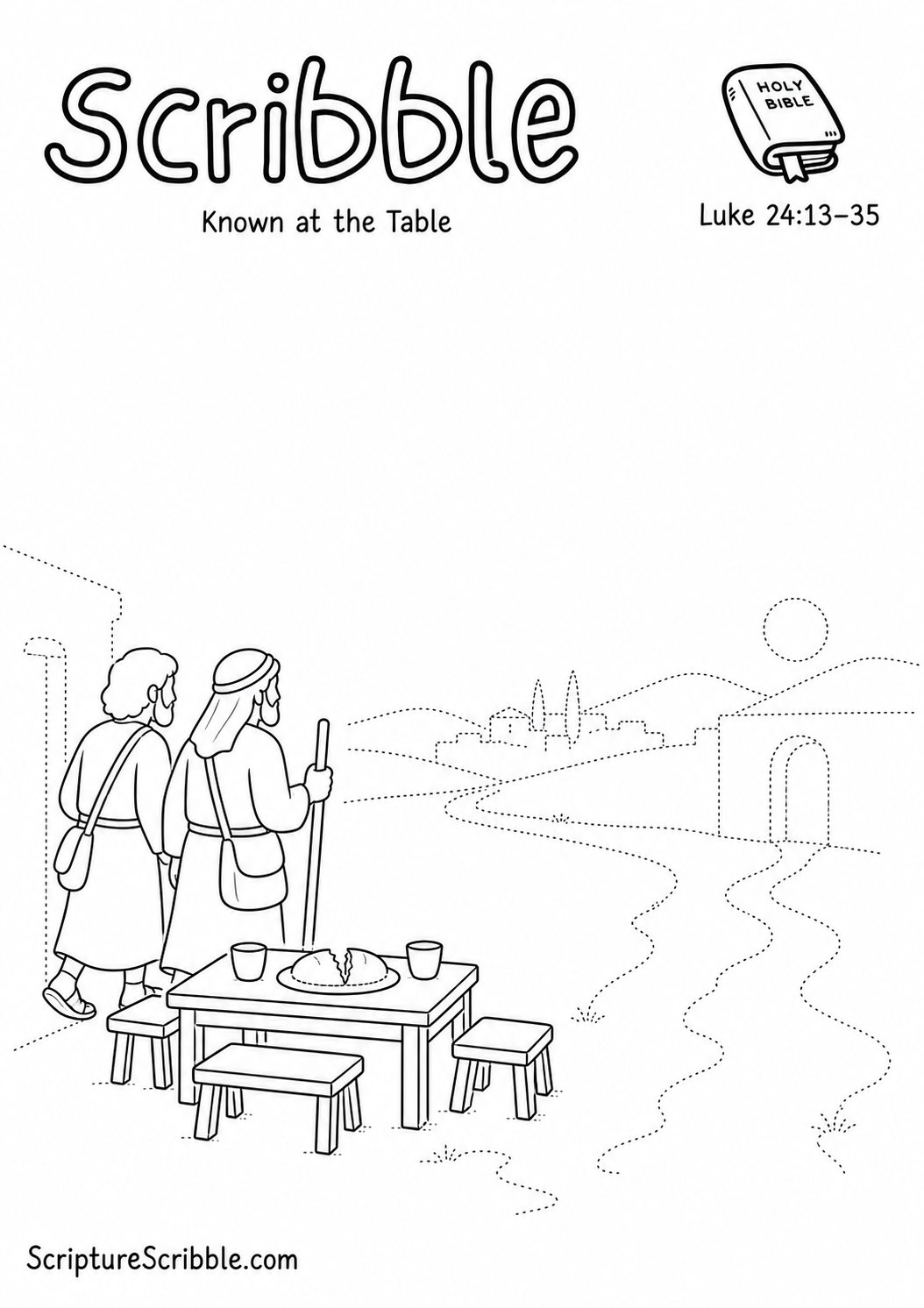 Black-and-white Luke 24:13–35 devotional drawing printable titled Known at the Table, with an incomplete road, table and unfinished doorway scene to finish