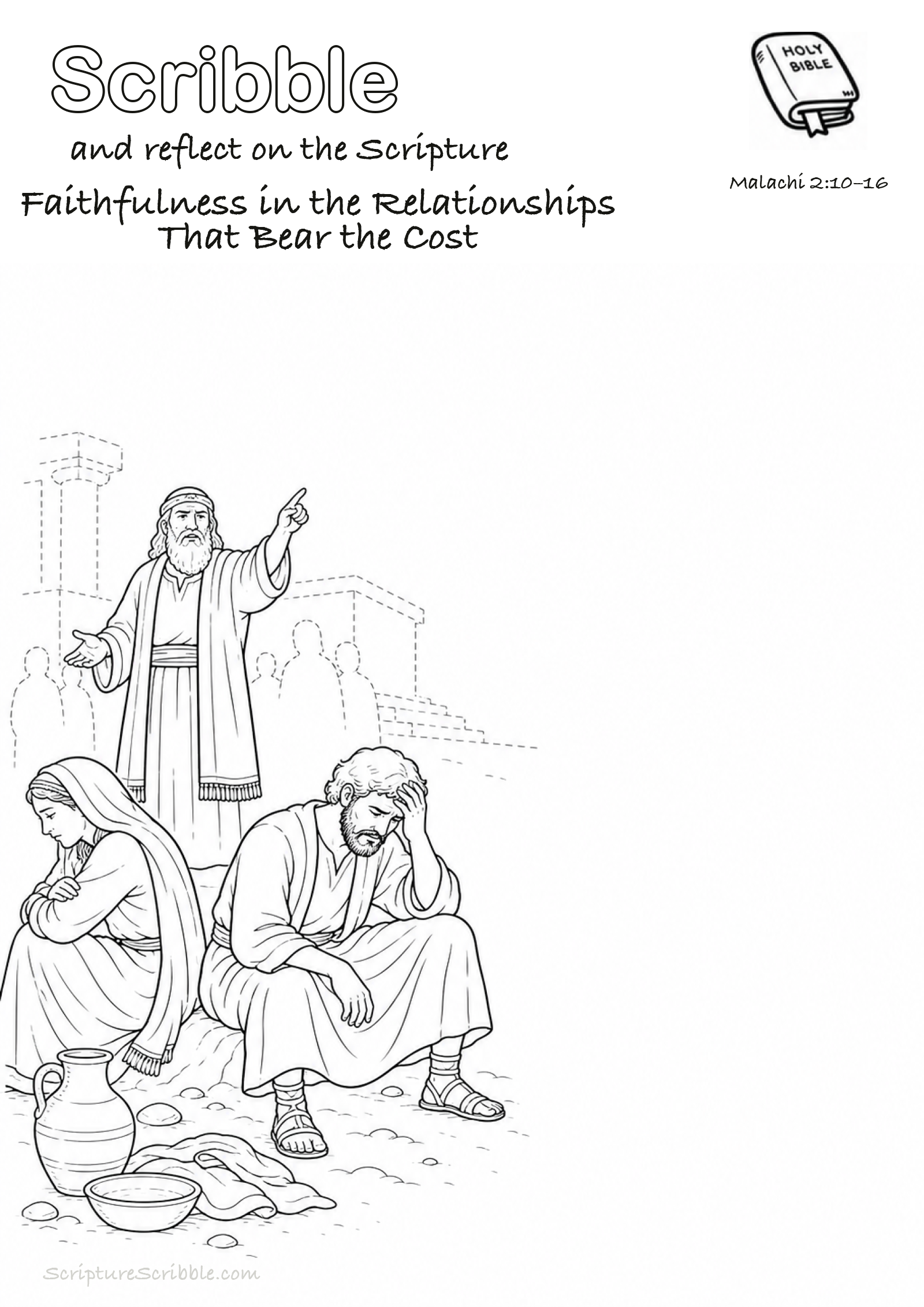 Preview of Malachi 2:10–16 Faithfulness in the Relationships That Bear the Cost Devotional Drawing Page Printable