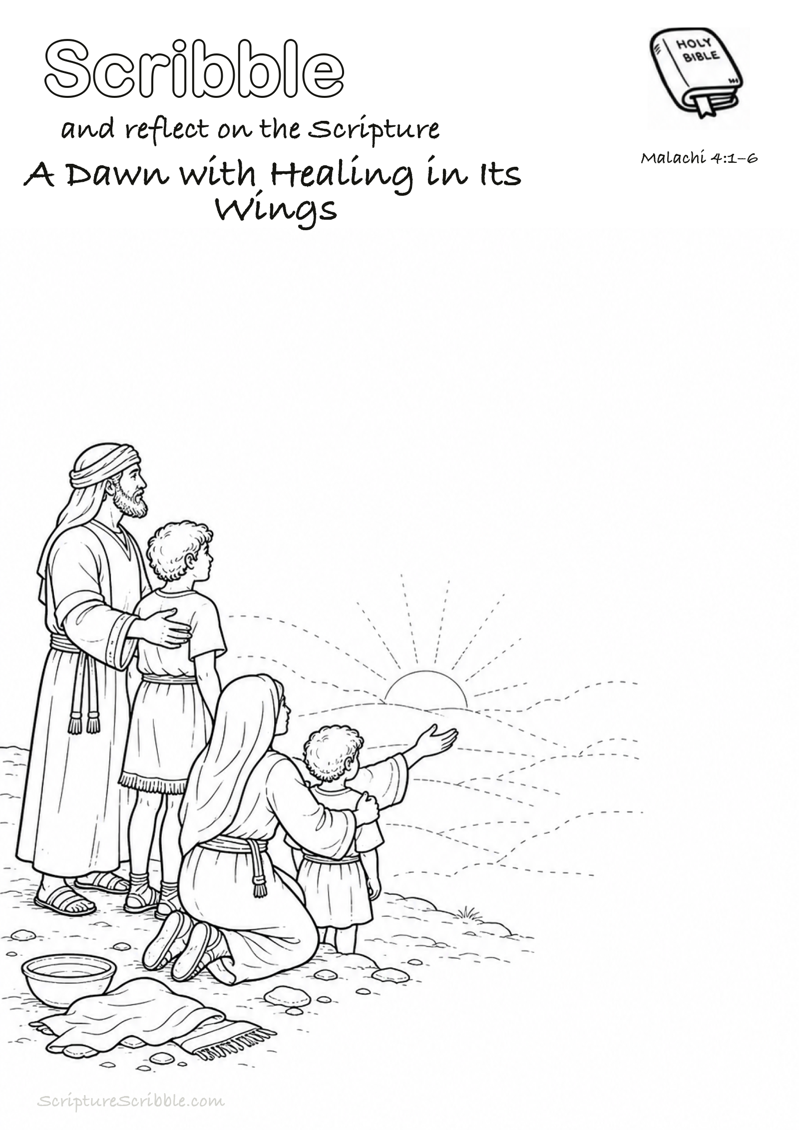Preview of Malachi 4:1–6 A Dawn with Healing in Its Wings Devotional Drawing Page Printable