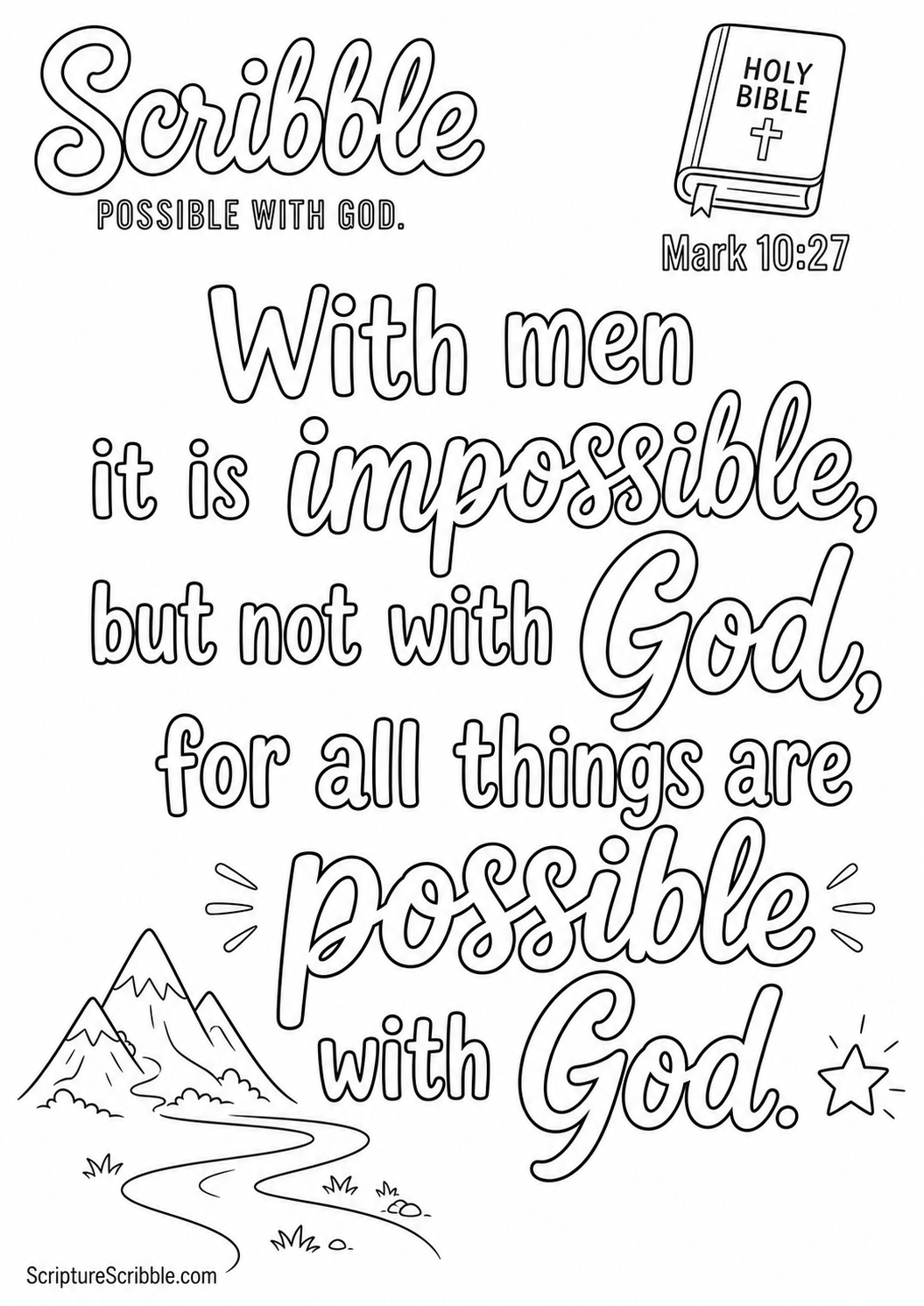 Preview of Mark 10:27 Possible With God Scripture Typography Colouring Page Printable