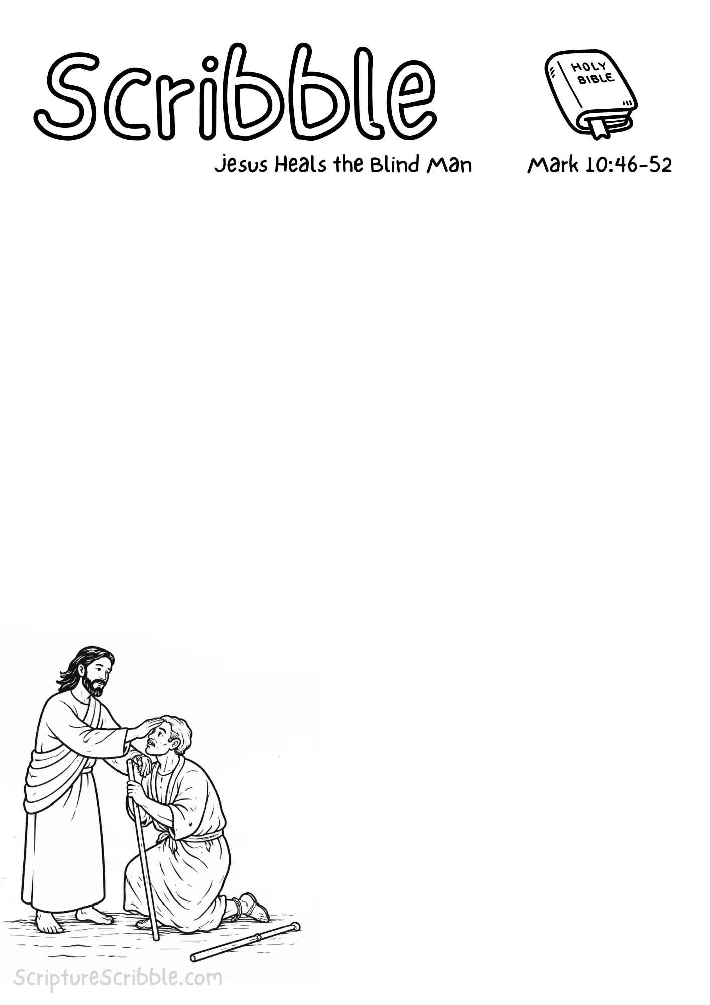 Printable reflection and drawing activity for Mark 10:46–52 – Jesus Heals the Blind Man Devotional Drawing Page