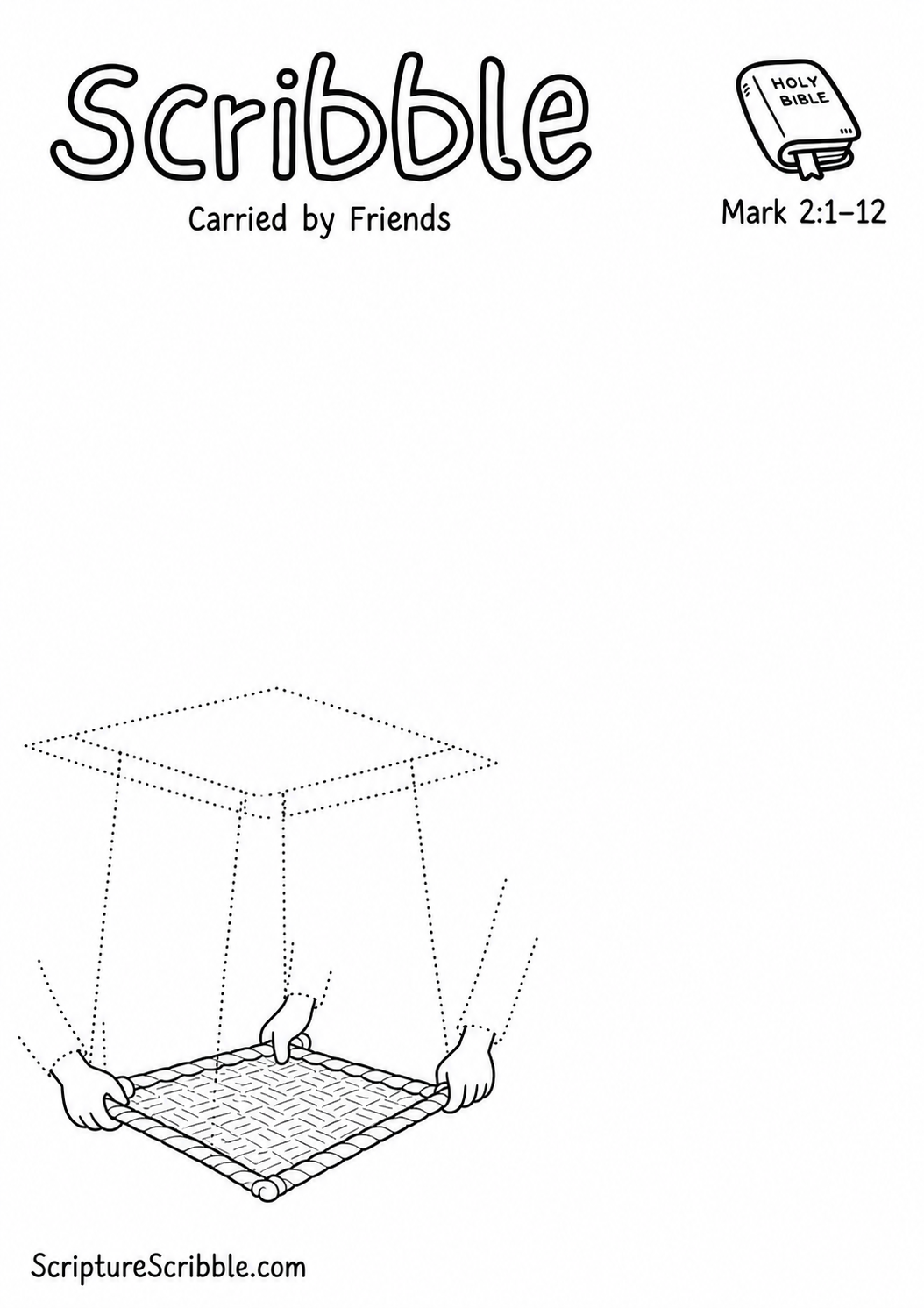 Black-and-white Mark 2:1–12 devotional drawing printable titled Carried by Friends, with an incomplete woven mat, helping hands and unfinished rooftop scene to finish