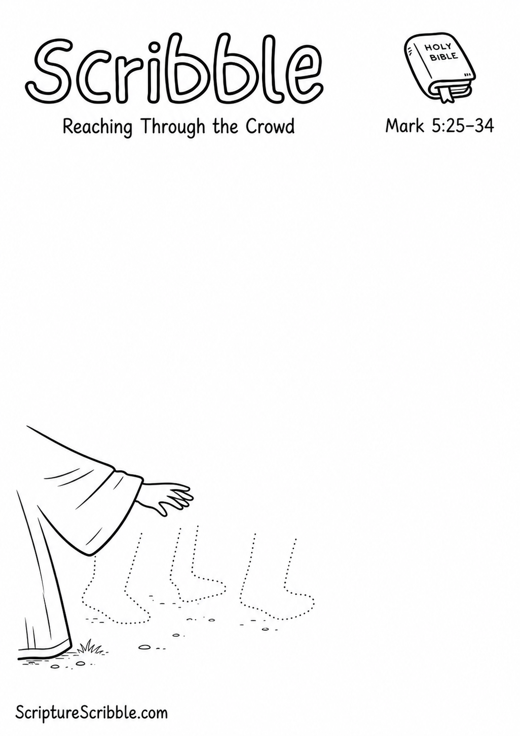 Black-and-white Mark 5:25–34 devotional drawing printable titled Reaching Through the Crowd, with an incomplete robe edge, reaching hand and unfinished crowd scene to finish