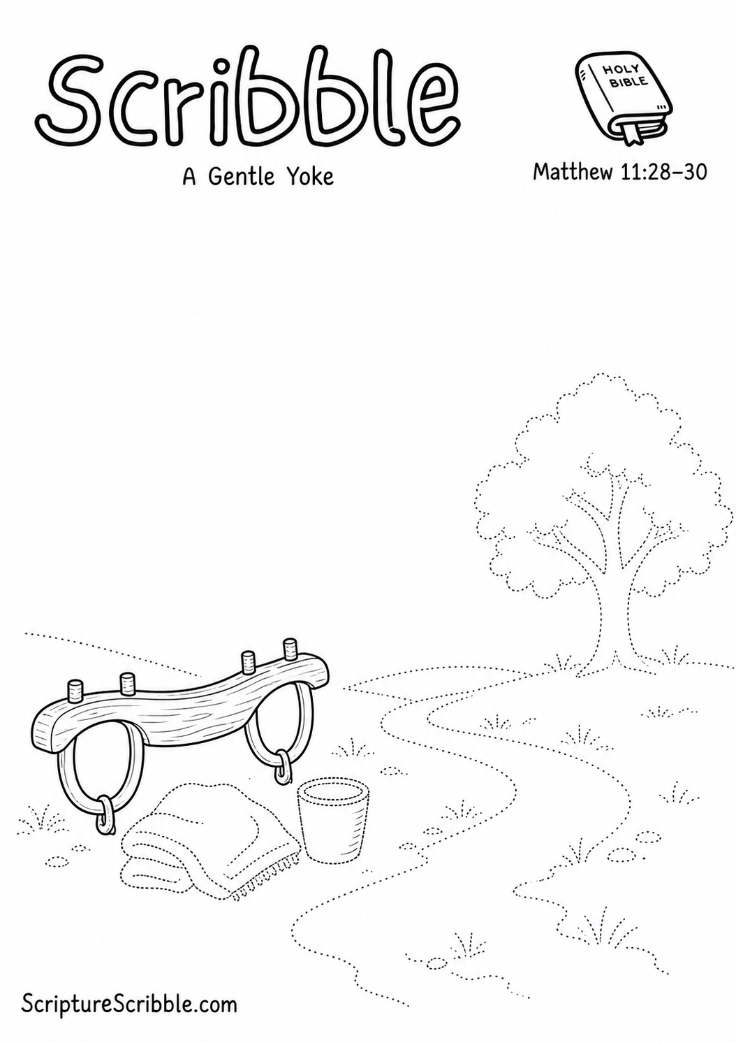 Black-and-white Matthew 11:28–30 devotional drawing printable titled A Gentle Yoke, with an incomplete wooden yoke and unfinished field scene to finish