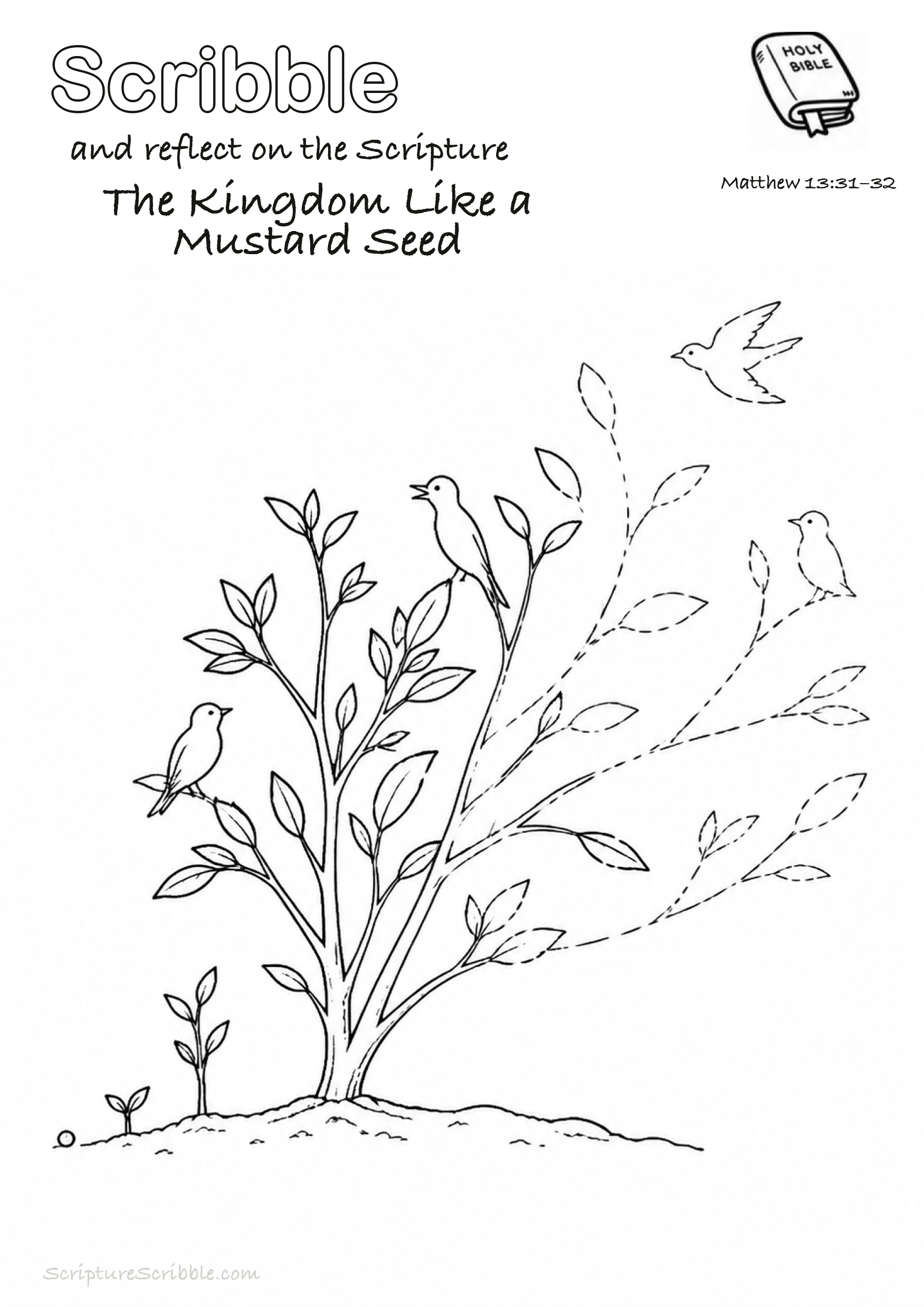 Black-and-white Matthew 13:31–32 devotional drawing page titled The Kingdom Like a Mustard Seed, with a branded header, Bible reference and unfinished Bible scene.