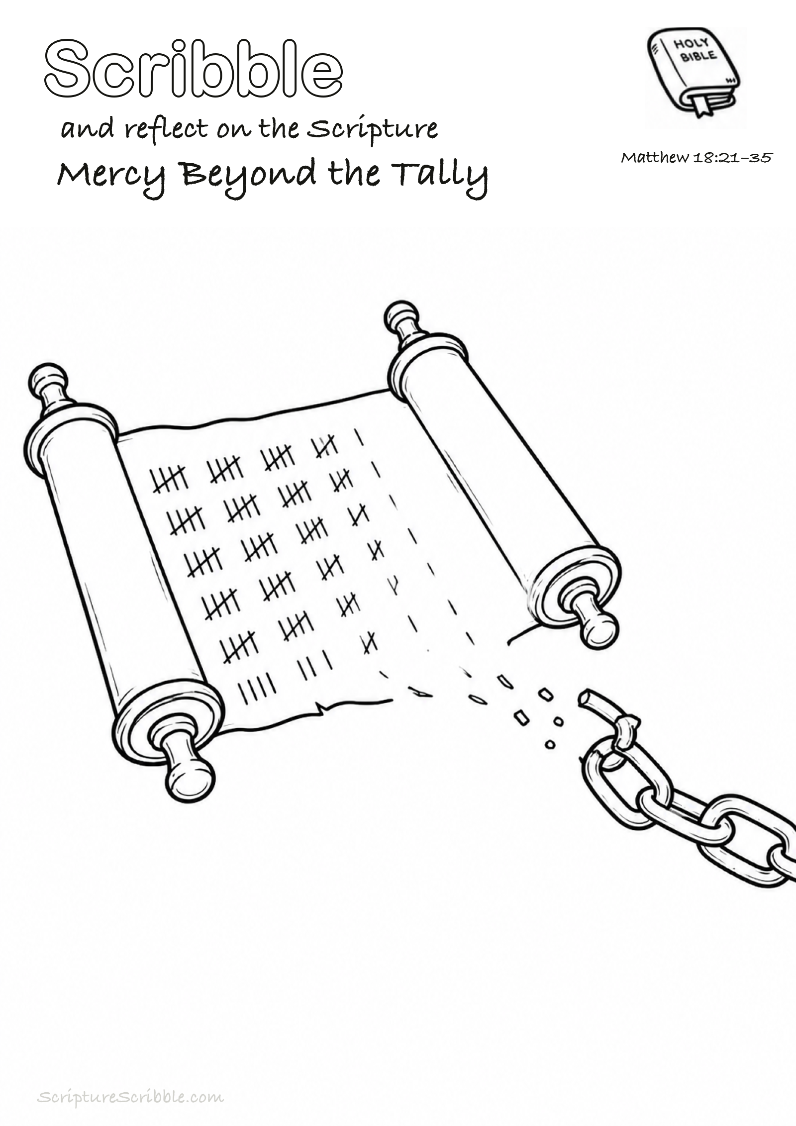 Black-and-white Matthew 18:21–35 devotional drawing page titled Mercy Beyond the Tally, with a branded header, Bible reference and unfinished Bible scene.