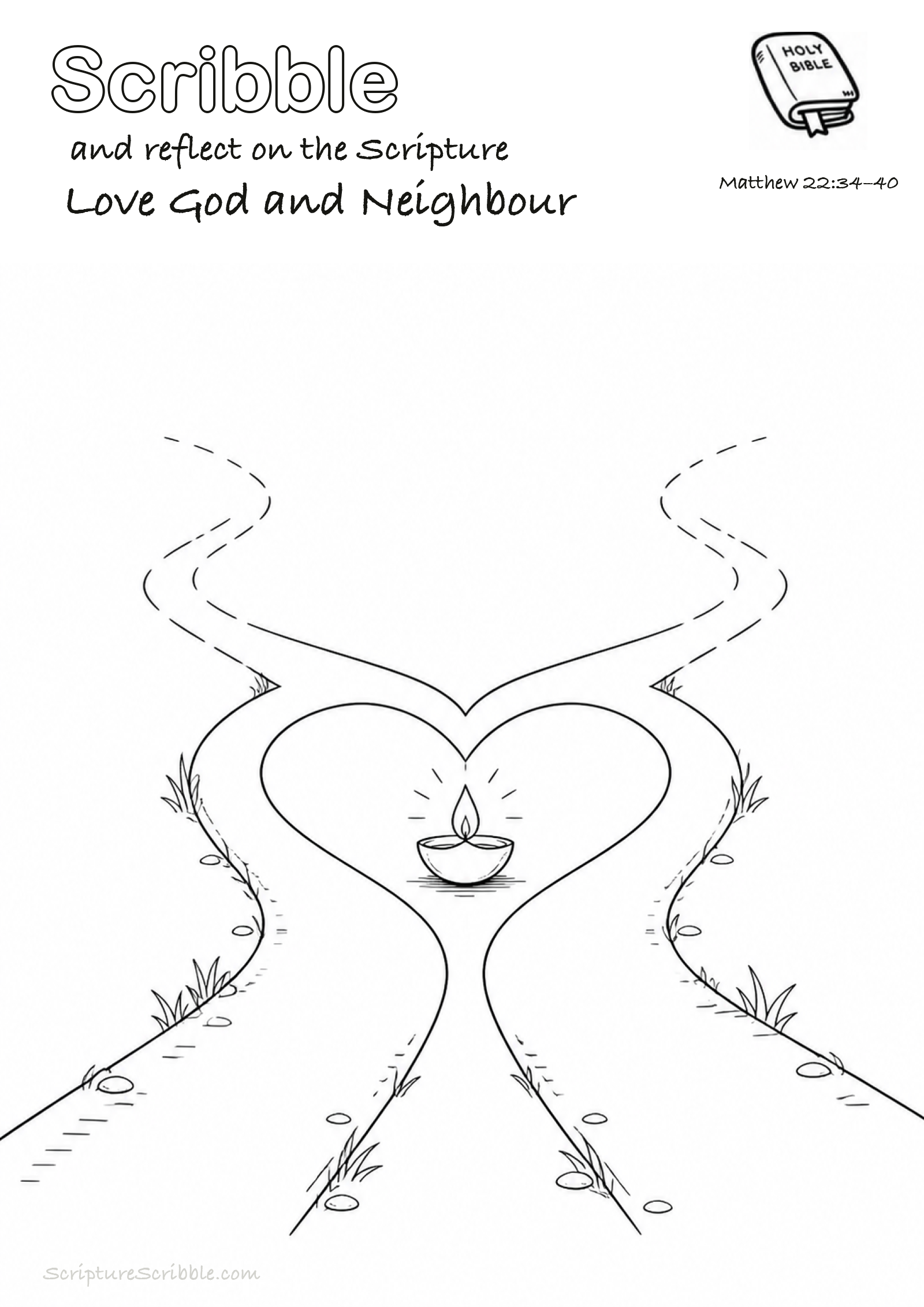 Black-and-white Matthew 22:34–40 devotional drawing page titled Love God and Neighbour, with a branded header, Bible reference and unfinished Bible scene.