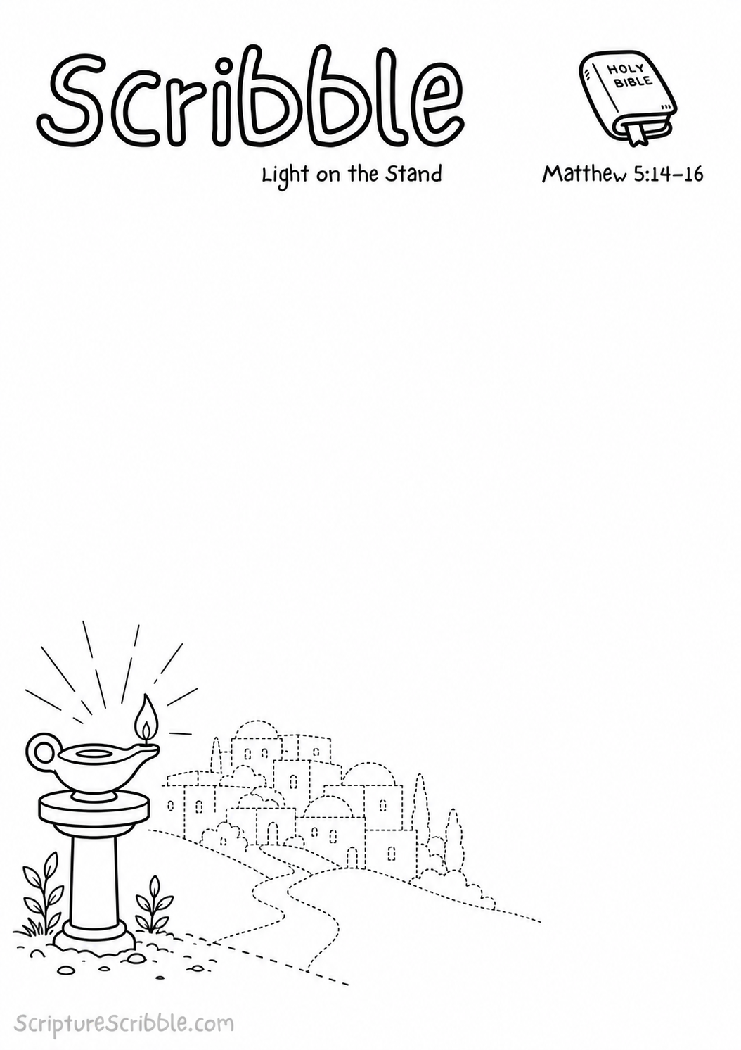 Black-and-white Matthew 5:14–16 devotional drawing printable titled Light on the Stand, with an incomplete oil lamp and unfinished hill town scene to finish