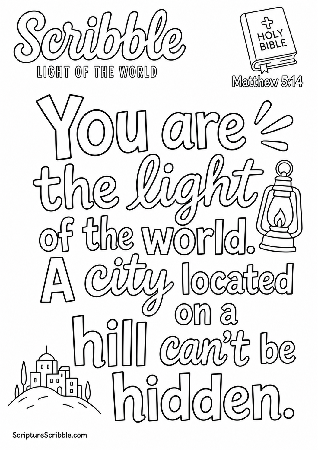Preview of Matthew 5:14 Light of the World Scripture Typography Colouring Page Printable