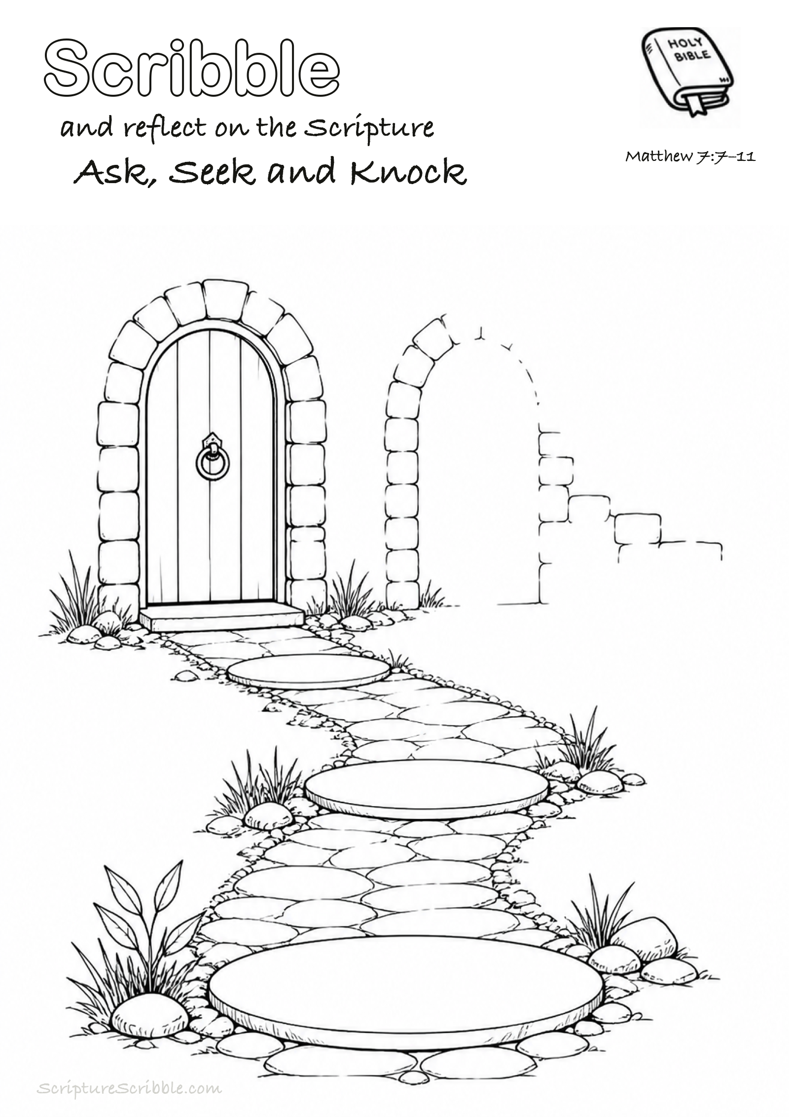 Black-and-white Matthew 7:7–11 devotional drawing page titled Ask, Seek and Knock, with a branded header, Bible reference and unfinished Bible scene.