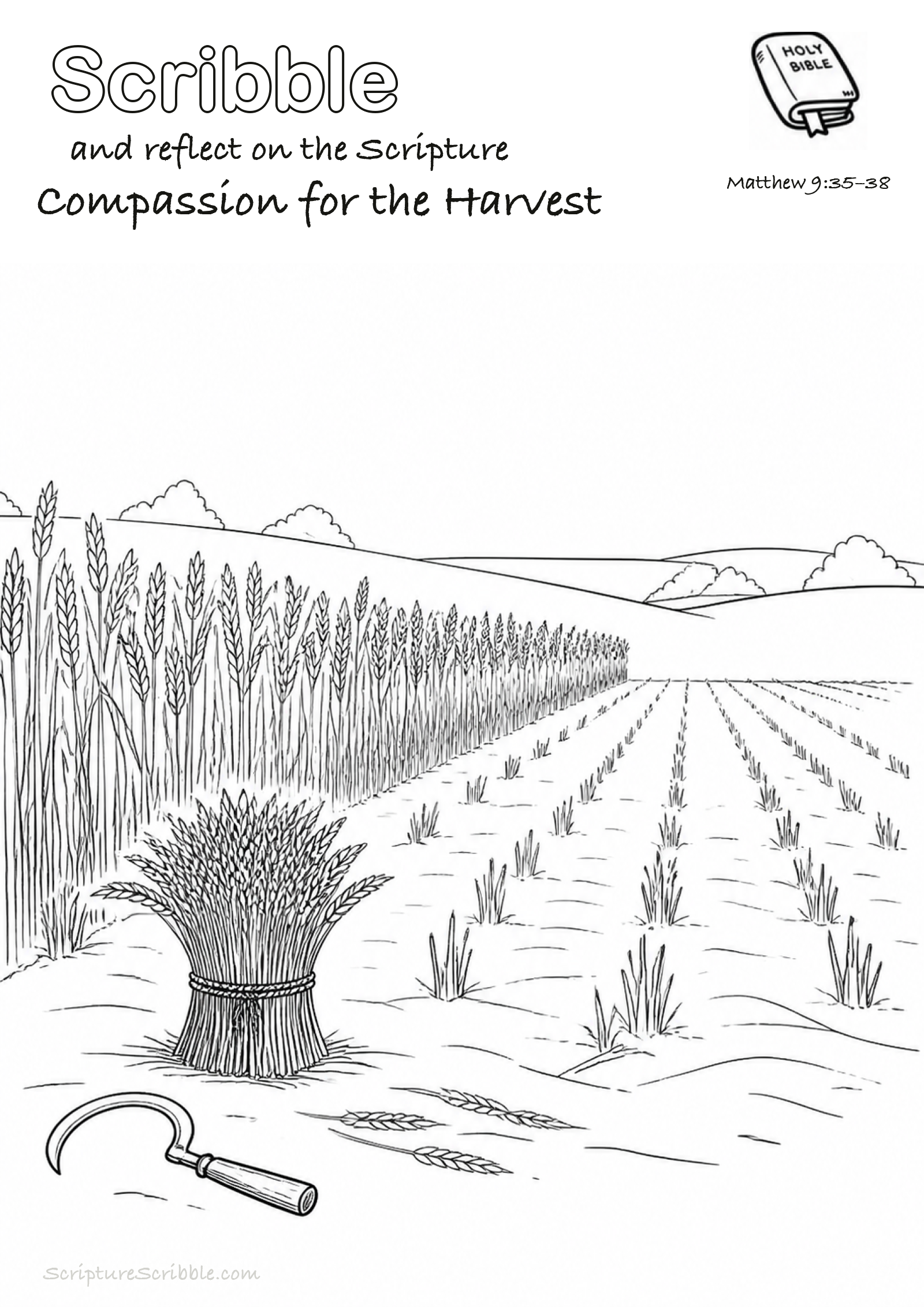Black-and-white Matthew 9:35–38 devotional drawing page titled Compassion for the Harvest, with a branded header, Bible reference and unfinished Bible scene.