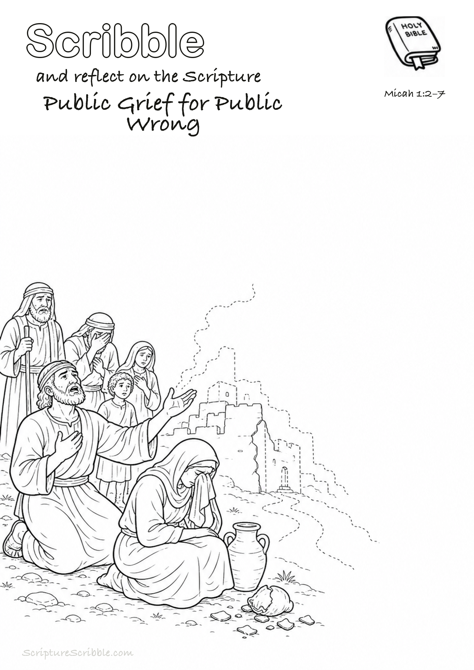 Black-and-white Micah 1:2–7 devotional drawing page titled Public Grief for Public Wrong, with a branded header, Bible reference and unfinished Bible scene.