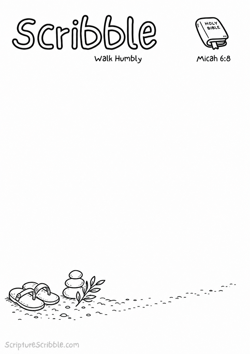 Black-and-white Micah 6:8 devotional drawing printable titled Walk Humbly, with an incomplete sandals, balanced stones and path scene to finish