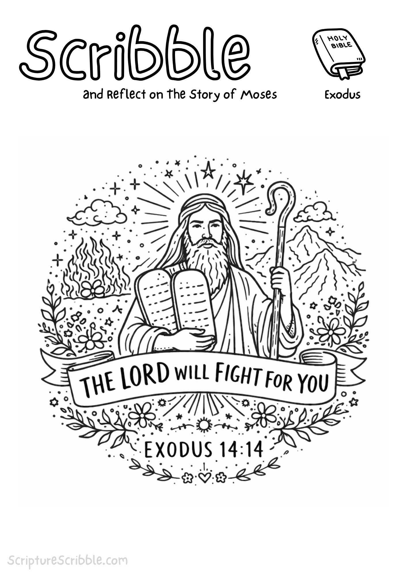 Printable reflection and drawing activity for Moses Coloring Page Printable – Exodus 14:14 “The Lord Will Fight for You” Bible Activity