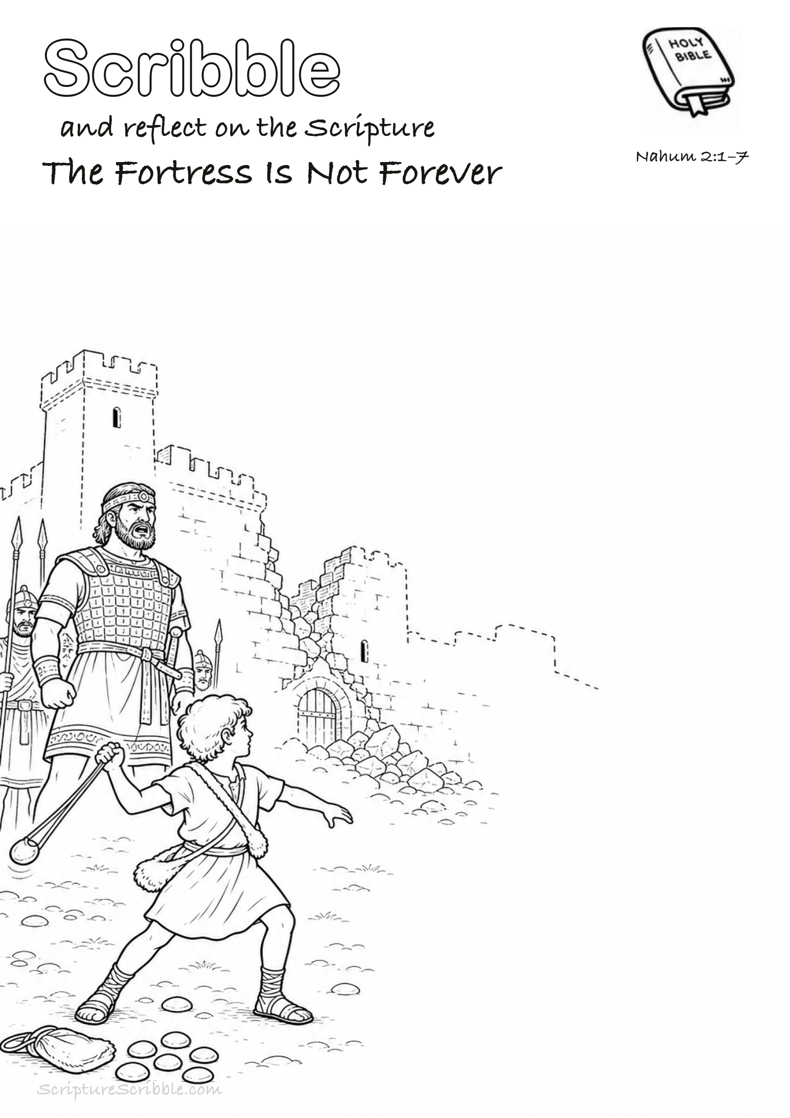 Preview of Nahum 2:1–7 The Fortress Is Not Forever Devotional Drawing Page Printable