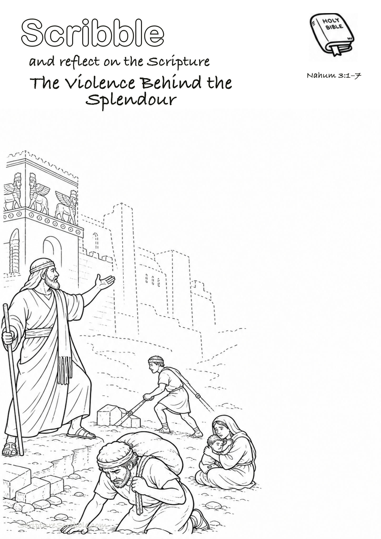Preview of Nahum 3:1–7 The Violence Behind the Splendour Devotional Drawing Page Printable