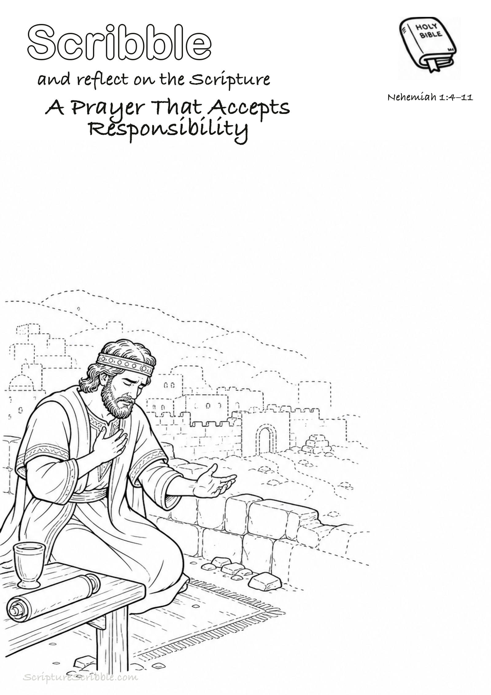 Preview of Nehemiah 1:4–11 A Prayer That Accepts Responsibility Devotional Drawing Page Printable