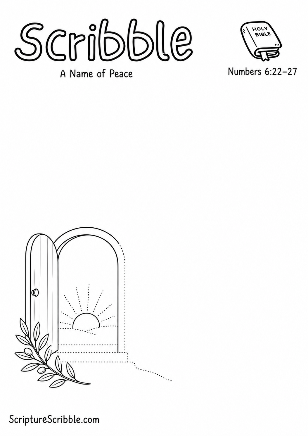 Black-and-white Numbers 6:22–27 devotional drawing printable titled A Name of Peace, with an incomplete open doorway, olive branch and unfinished sunrise scene to finish