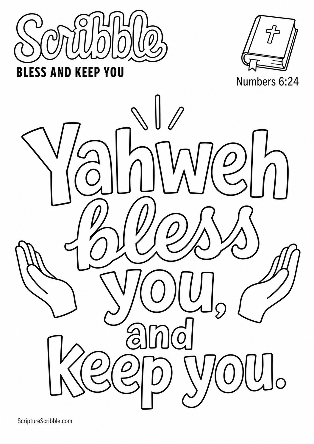 Black-and-white Numbers 6:24 Scripture typography colouring page with the verse in large, clear outlined lettering.