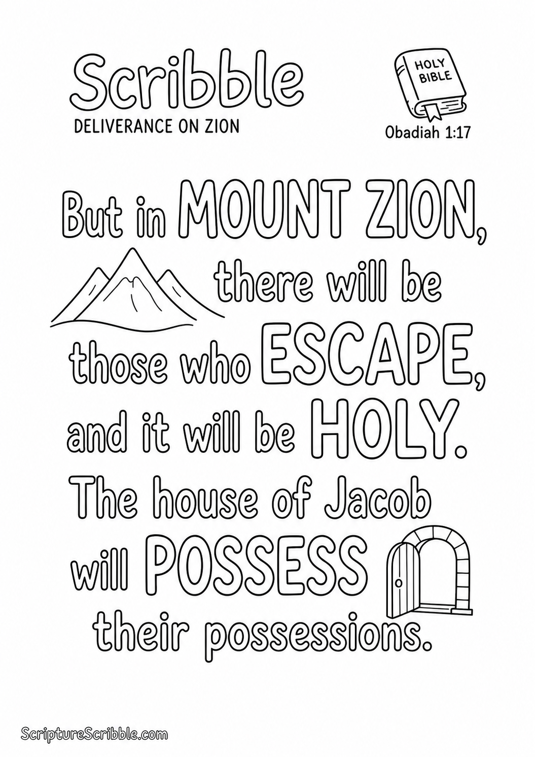 Black-and-white Obadiah 1:17 Scripture typography colouring page featuring the full verse in large, clear outlined lettering.