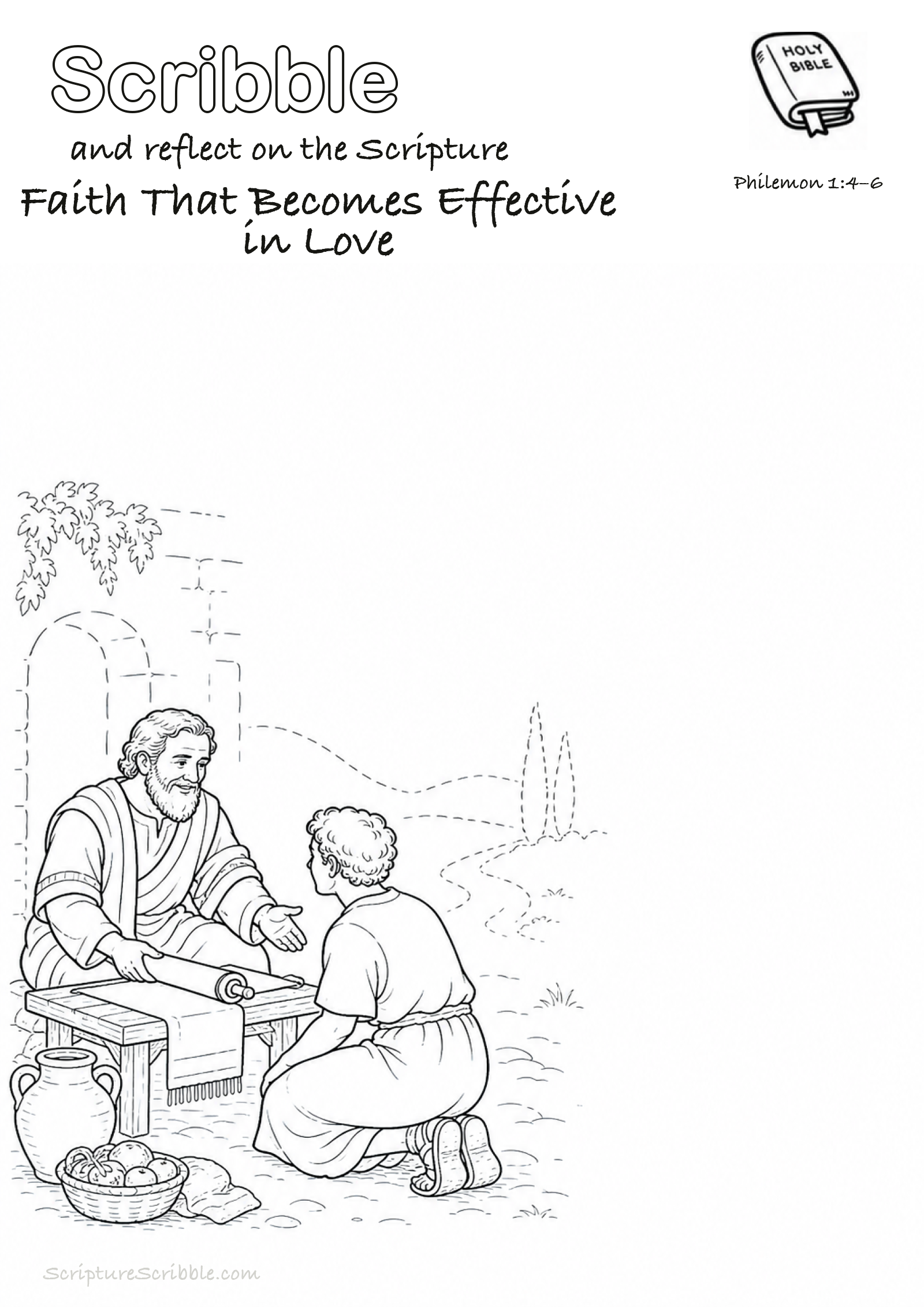 Preview of Philemon 1:4–6 Faith That Becomes Effective in Love Devotional Drawing Page Printable