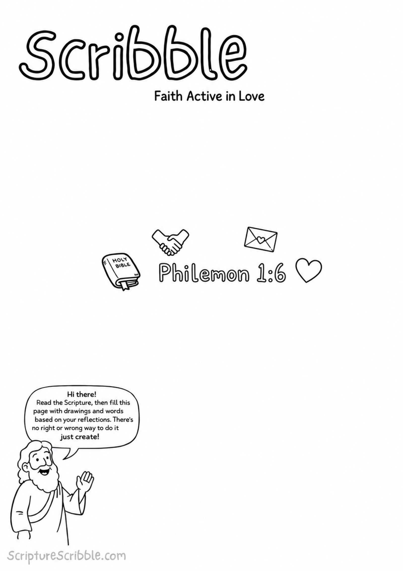 Black-and-white Philemon 1:6 creative Bible reflection worksheet with the Scribble heading, Holy Bible mark, joined hands, sealed letter and heart, and friendly guide character.