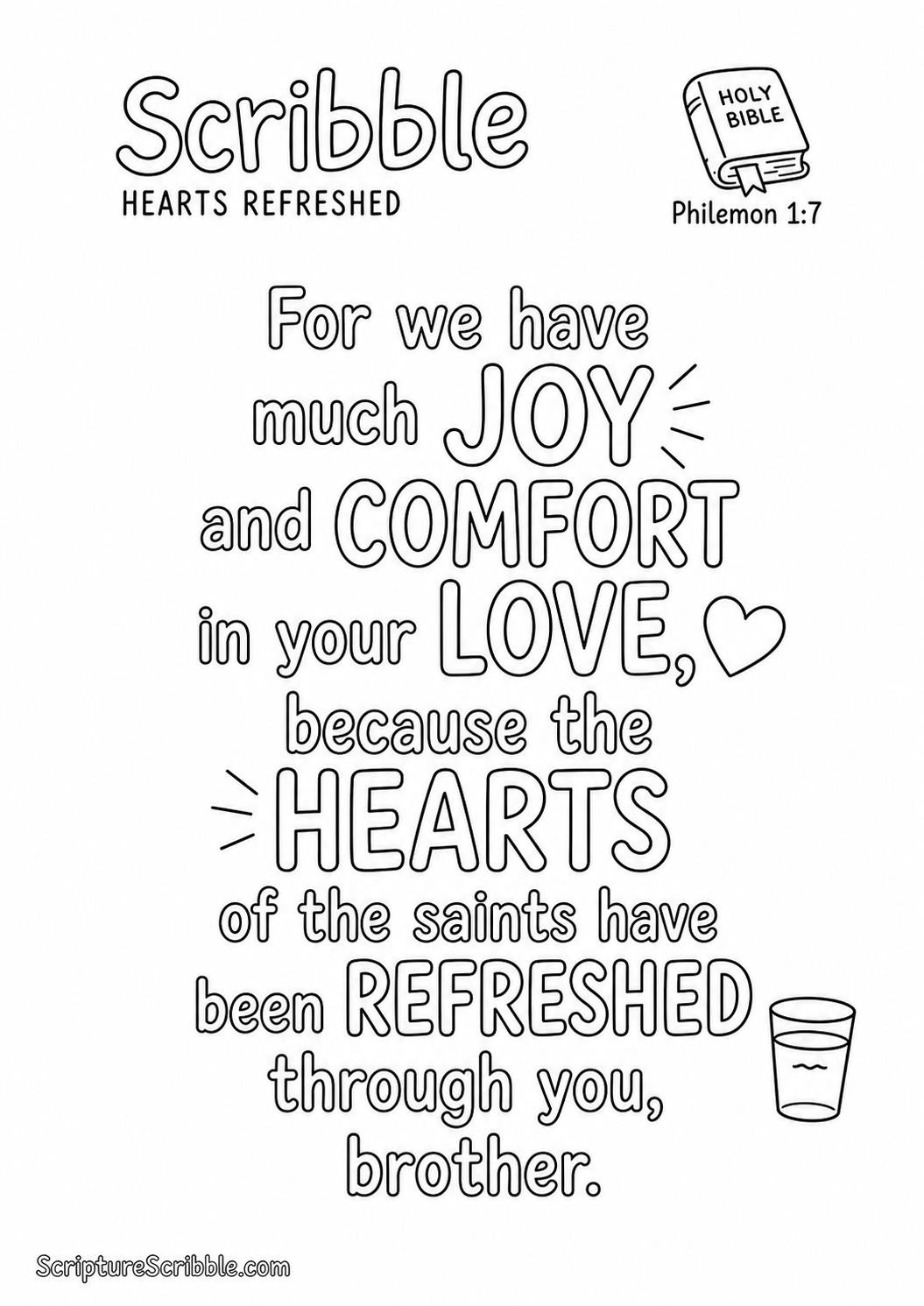 Black-and-white Philemon 1:7 Scripture typography colouring page featuring the full verse in large, clear outlined lettering.